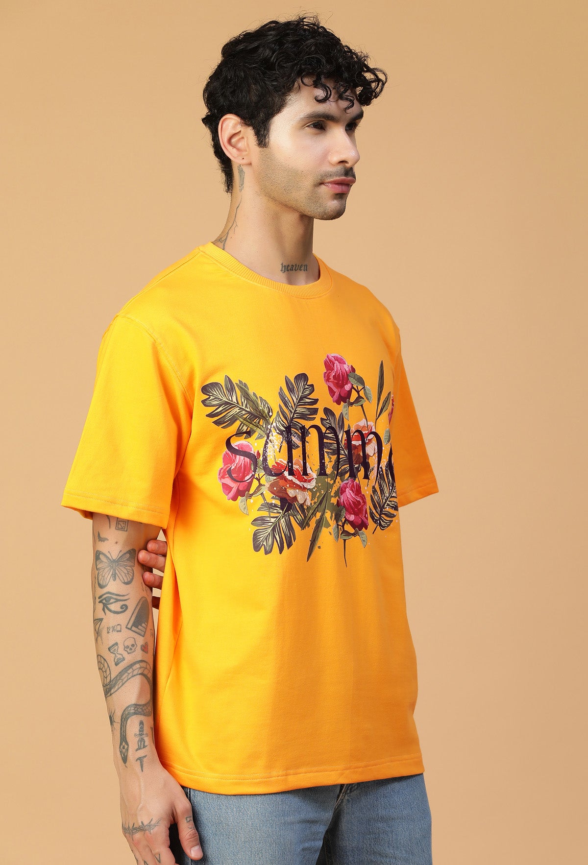 Floral Design Printed Pure Cotton Oversized T-shirt Mustard