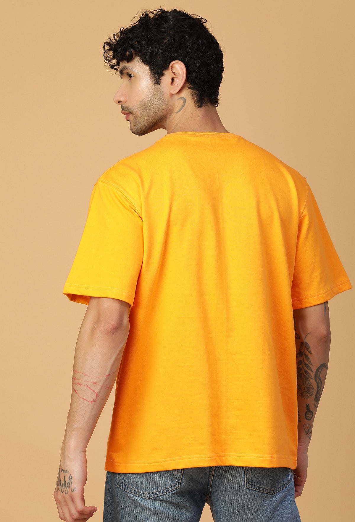 Floral Design Printed Pure Cotton Oversized T-shirt Mustard