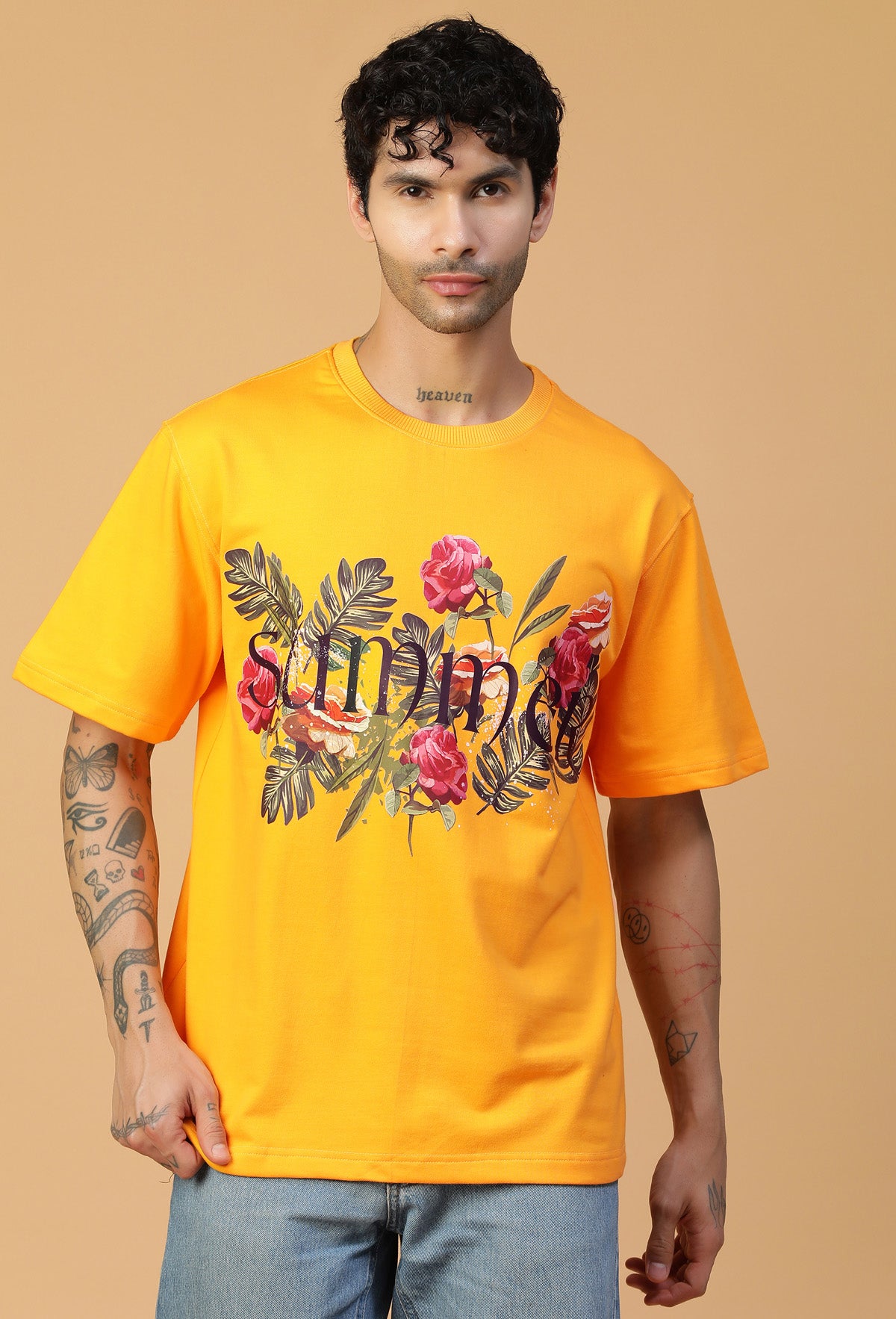 Floral Design Printed Pure Cotton Oversized T-shirt Mustard