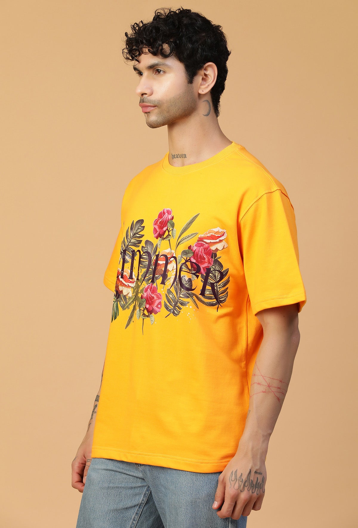 Floral Design Printed Pure Cotton Oversized T-shirt Mustard