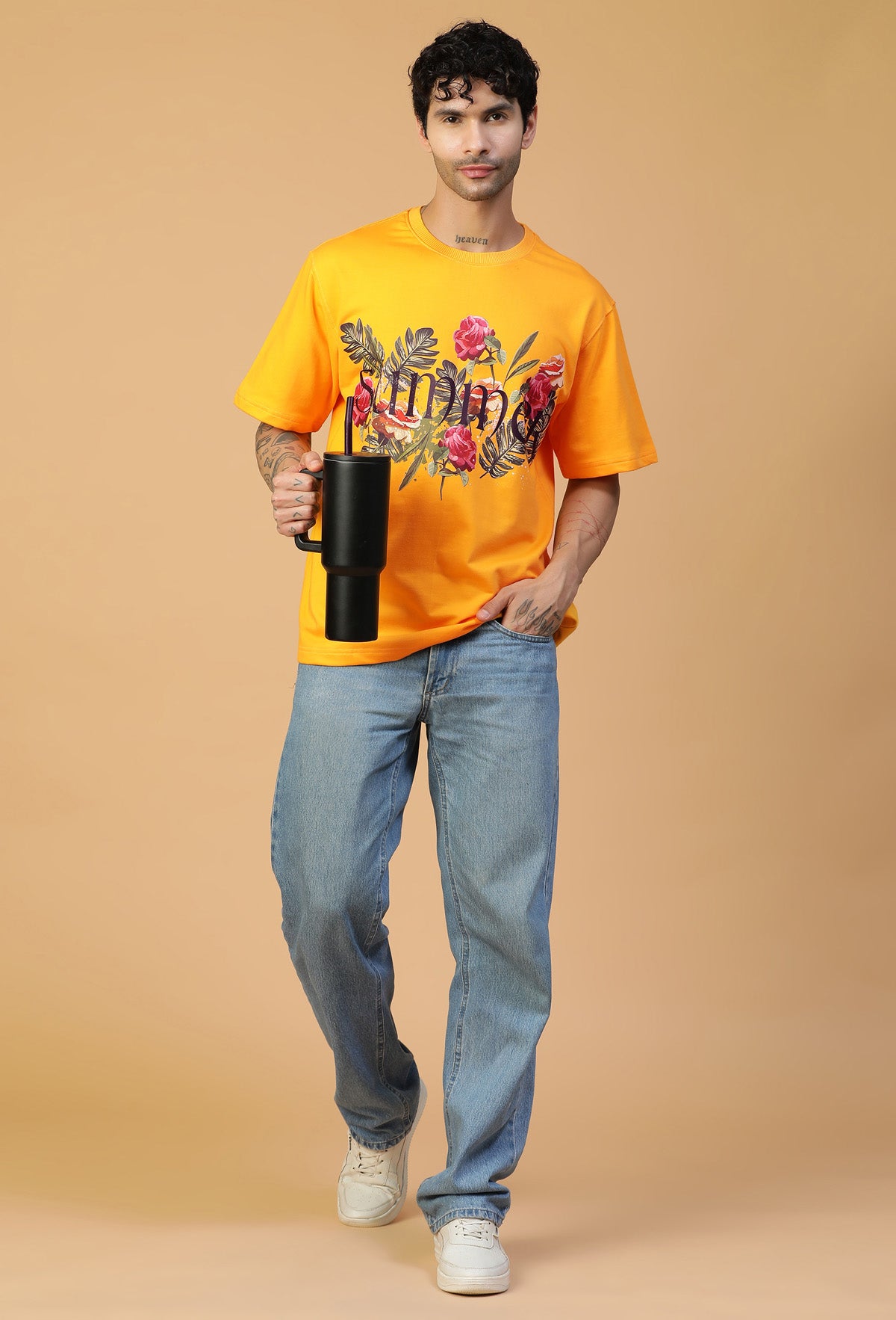 Floral Design Printed Pure Cotton Oversized T-shirt Mustard