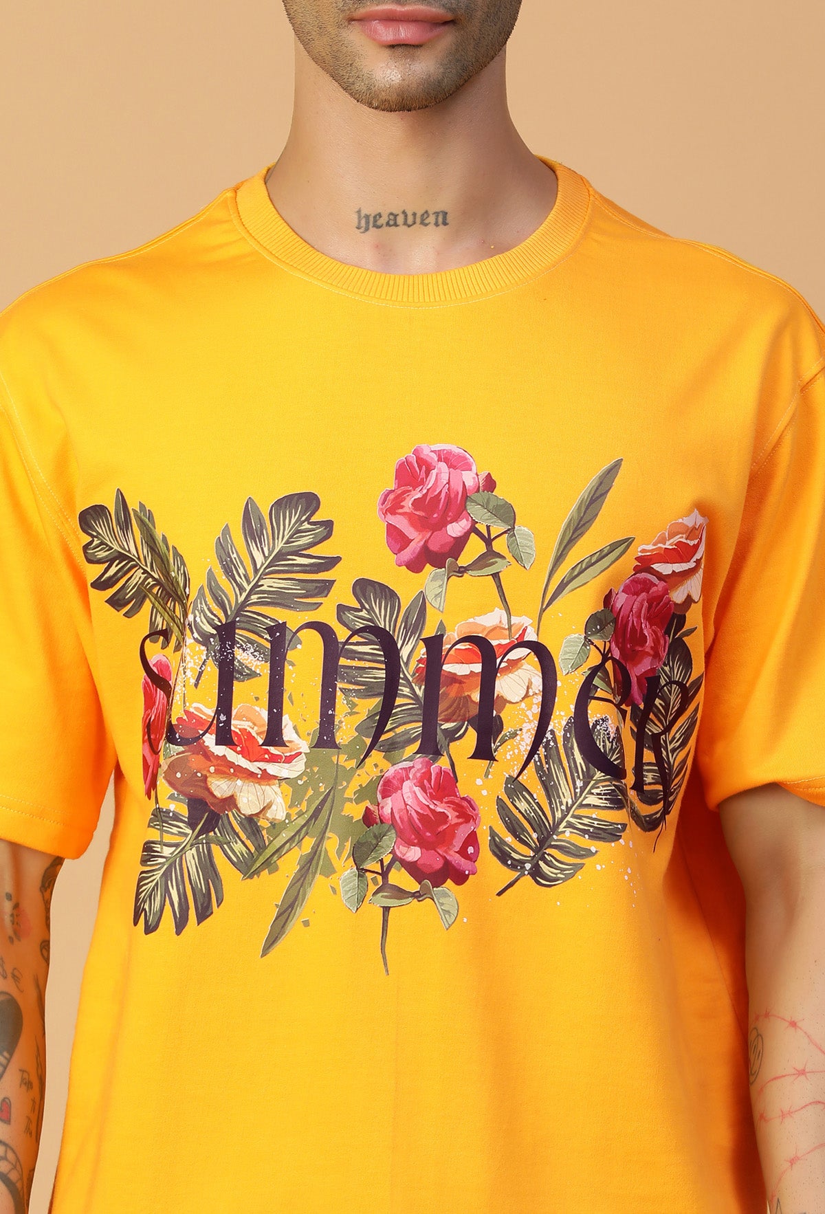 Floral Design Printed Pure Cotton Oversized T-shirt Mustard