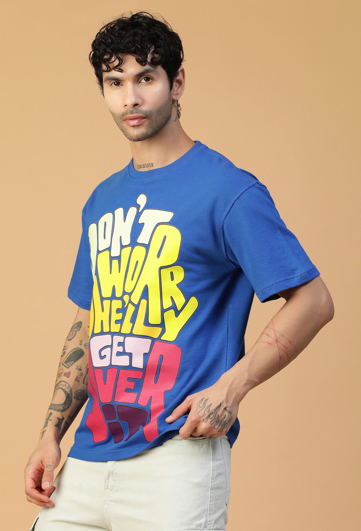 Premium Cotton Text Printed Drop-Shoulder Sleeves Royal Blue Oversized T-shirt