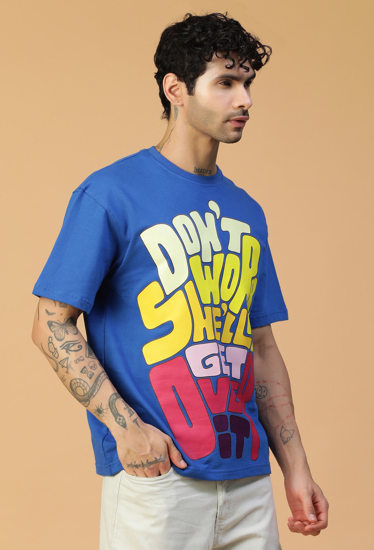 Premium Cotton Text Printed Drop-Shoulder Sleeves Royal Blue Oversized T-shirt