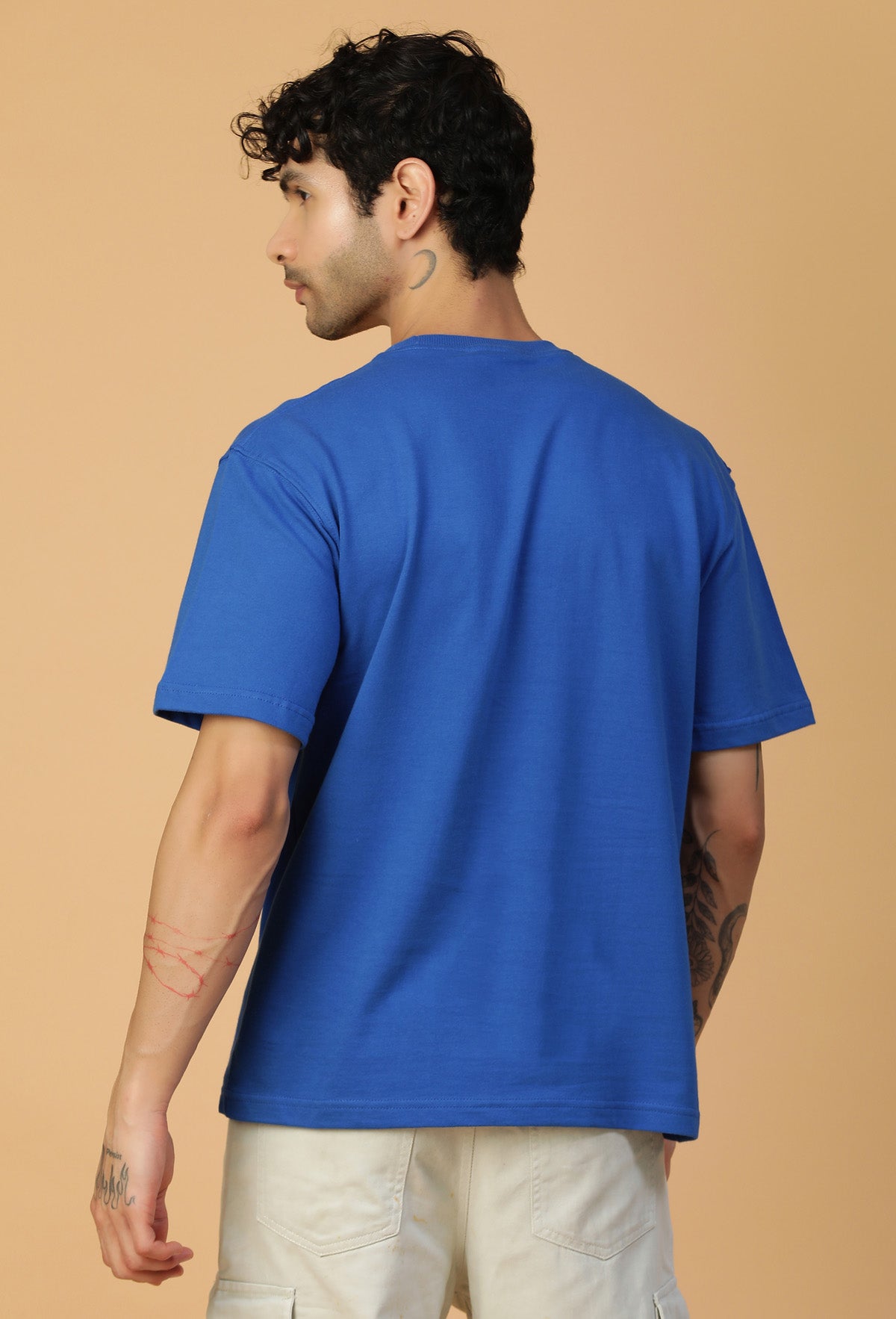 Premium Cotton Text Printed Drop-Shoulder Sleeves Royal Blue Oversized T-shirt