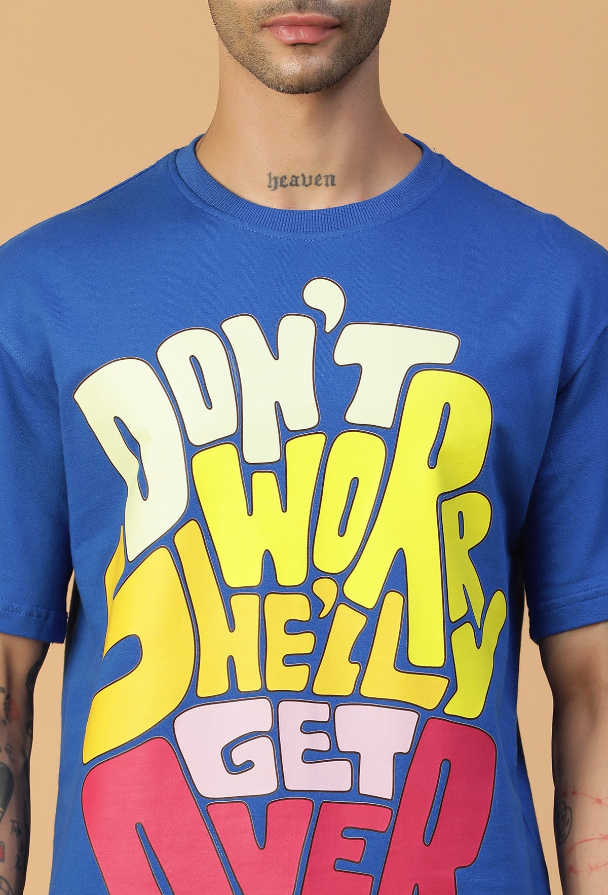 Premium Cotton Text Printed Drop-Shoulder Sleeves Royal Blue Oversized T-shirt