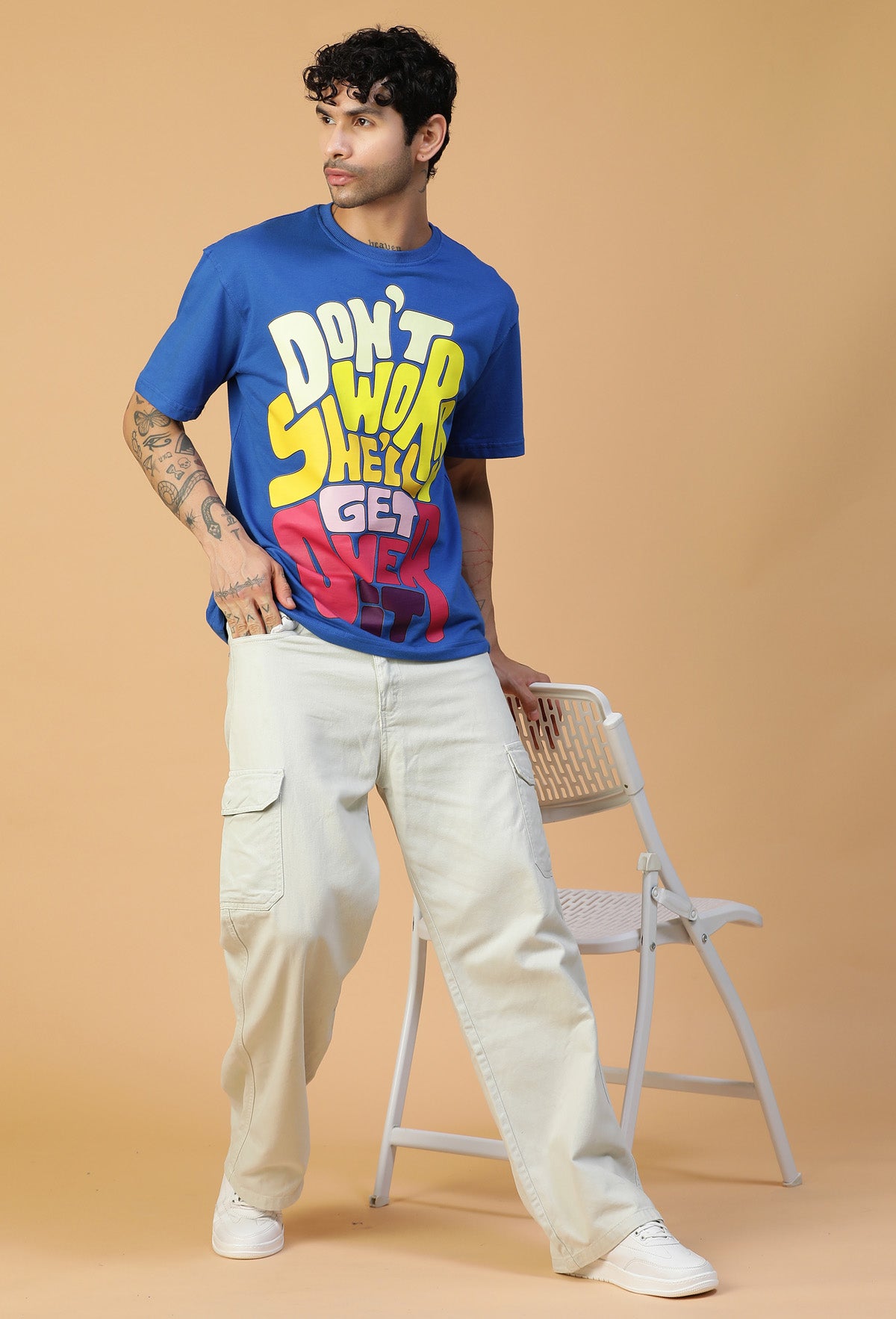 Premium Cotton Text Printed Drop-Shoulder Sleeves Royal Blue Oversized T-shirt