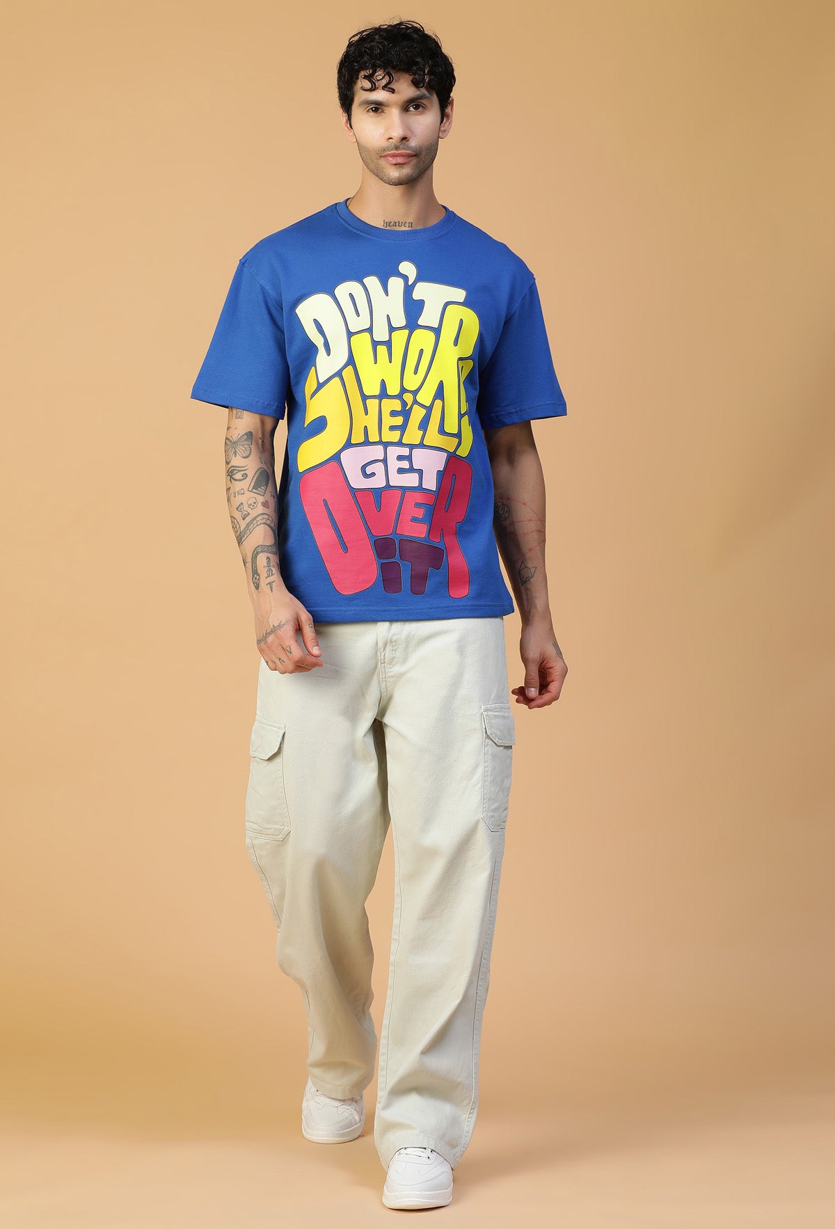 Premium Cotton Text Printed Drop-Shoulder Sleeves Royal Blue Oversized T-shirt