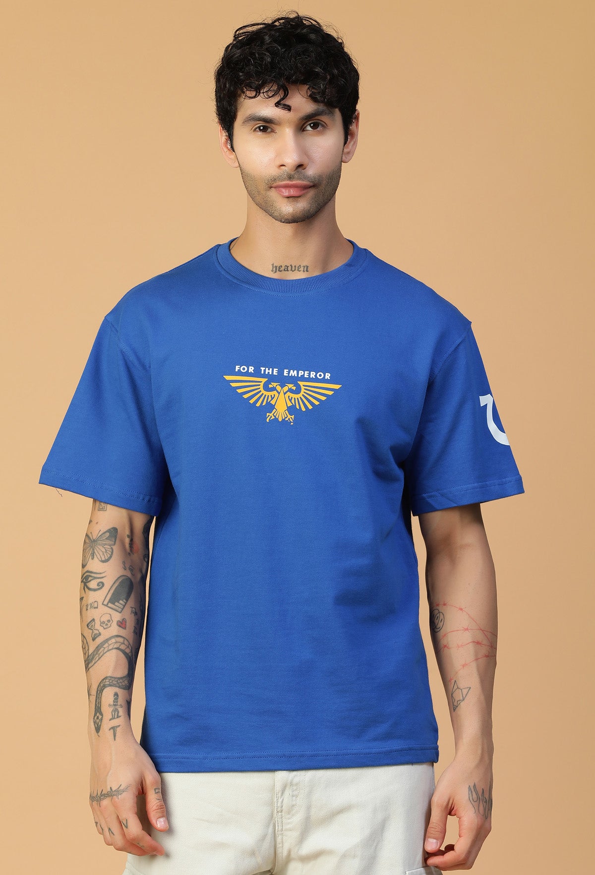 Premium Cotton Warhammer Printed Drop-Shoulder Sleeves Royal Blue Oversized T-shirt