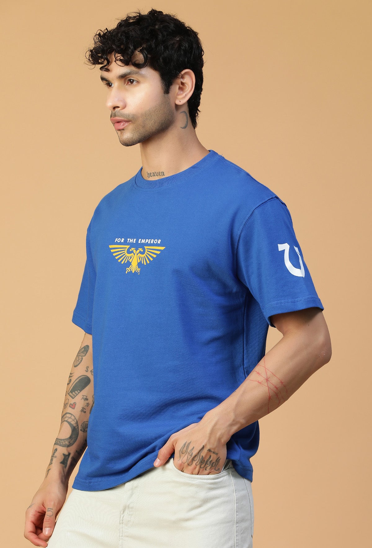 Premium Cotton Warhammer Printed Drop-Shoulder Sleeves Royal Blue Oversized T-shirt