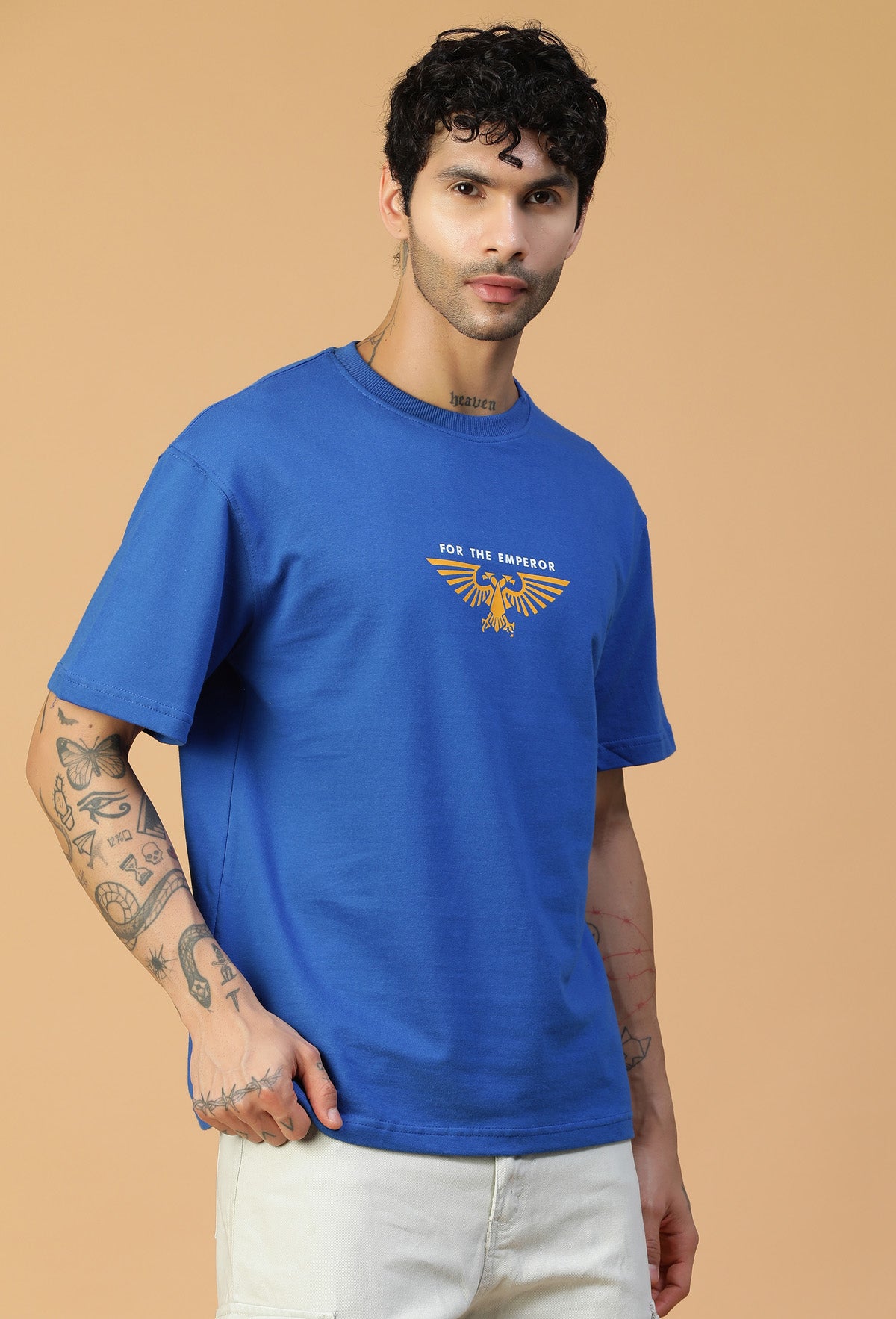 Premium Cotton Warhammer Printed Drop-Shoulder Sleeves Royal Blue Oversized T-shirt