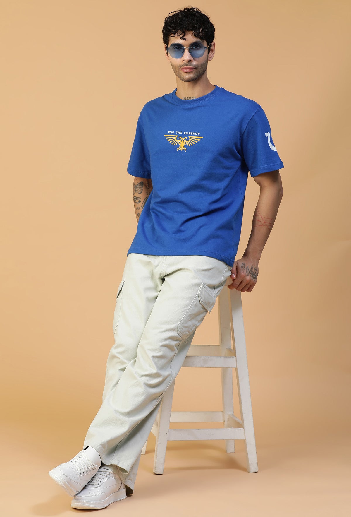 Premium Cotton Warhammer Printed Drop-Shoulder Sleeves Royal Blue Oversized T-shirt