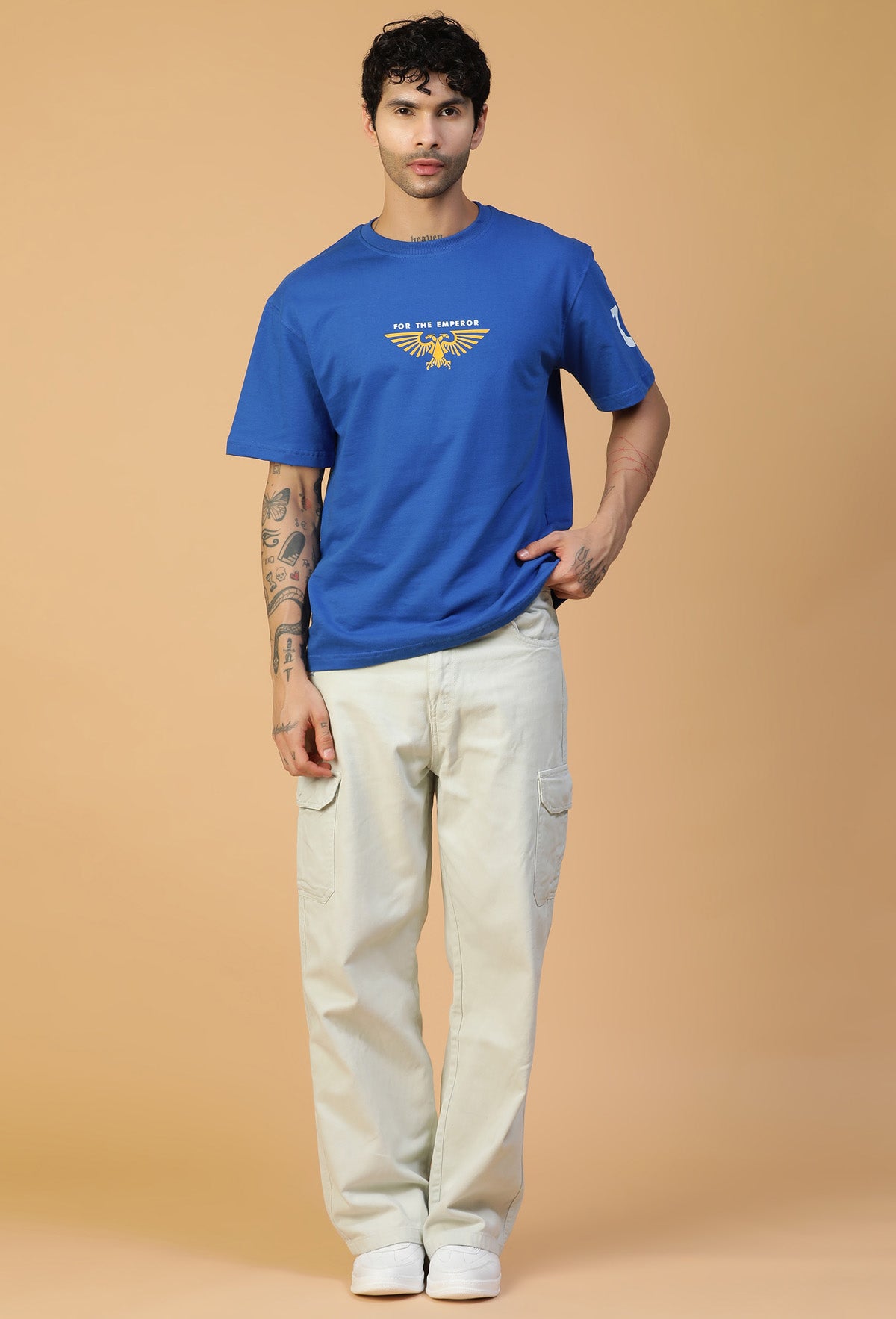 Premium Cotton Warhammer Printed Drop-Shoulder Sleeves Royal Blue Oversized T-shirt