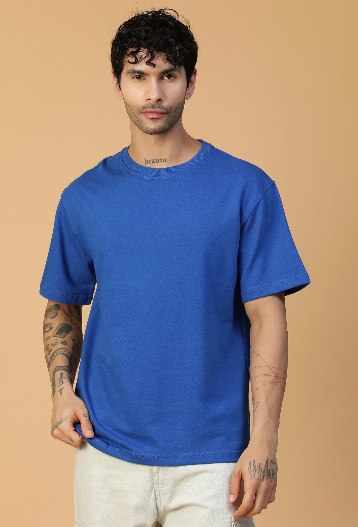Solid Royal Blue Premium Cotton Drop-Shoulder Sleeves Oversized T-shirt