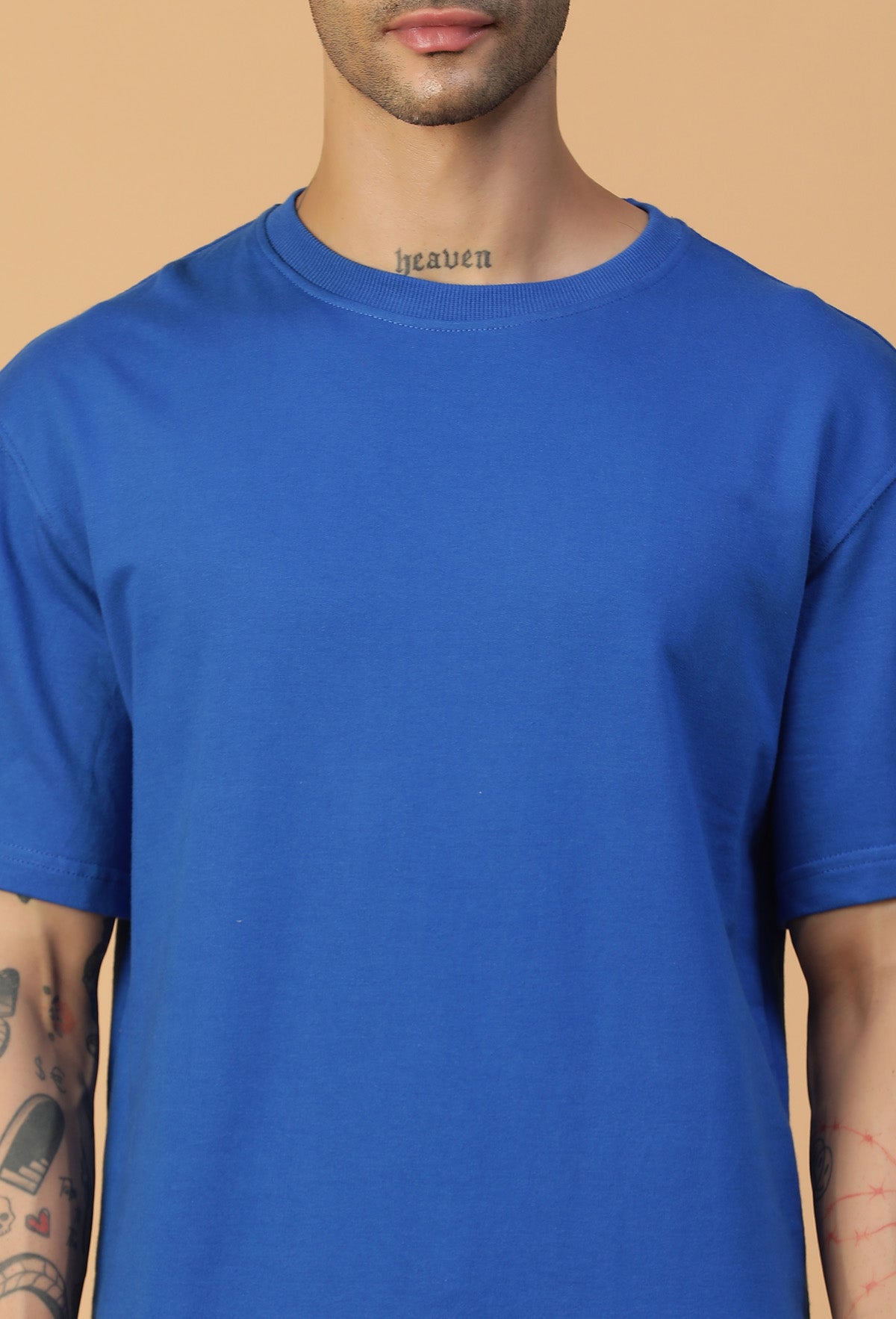 Solid Royal Blue Premium Cotton Drop-Shoulder Sleeves Oversized T-shirt
