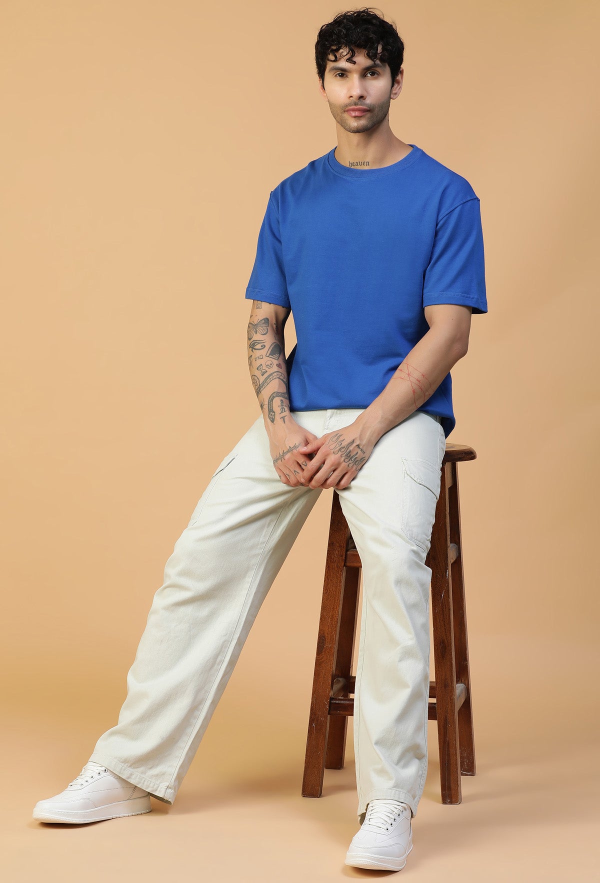 Solid Royal Blue Premium Cotton Drop-Shoulder Sleeves Oversized T-shirt