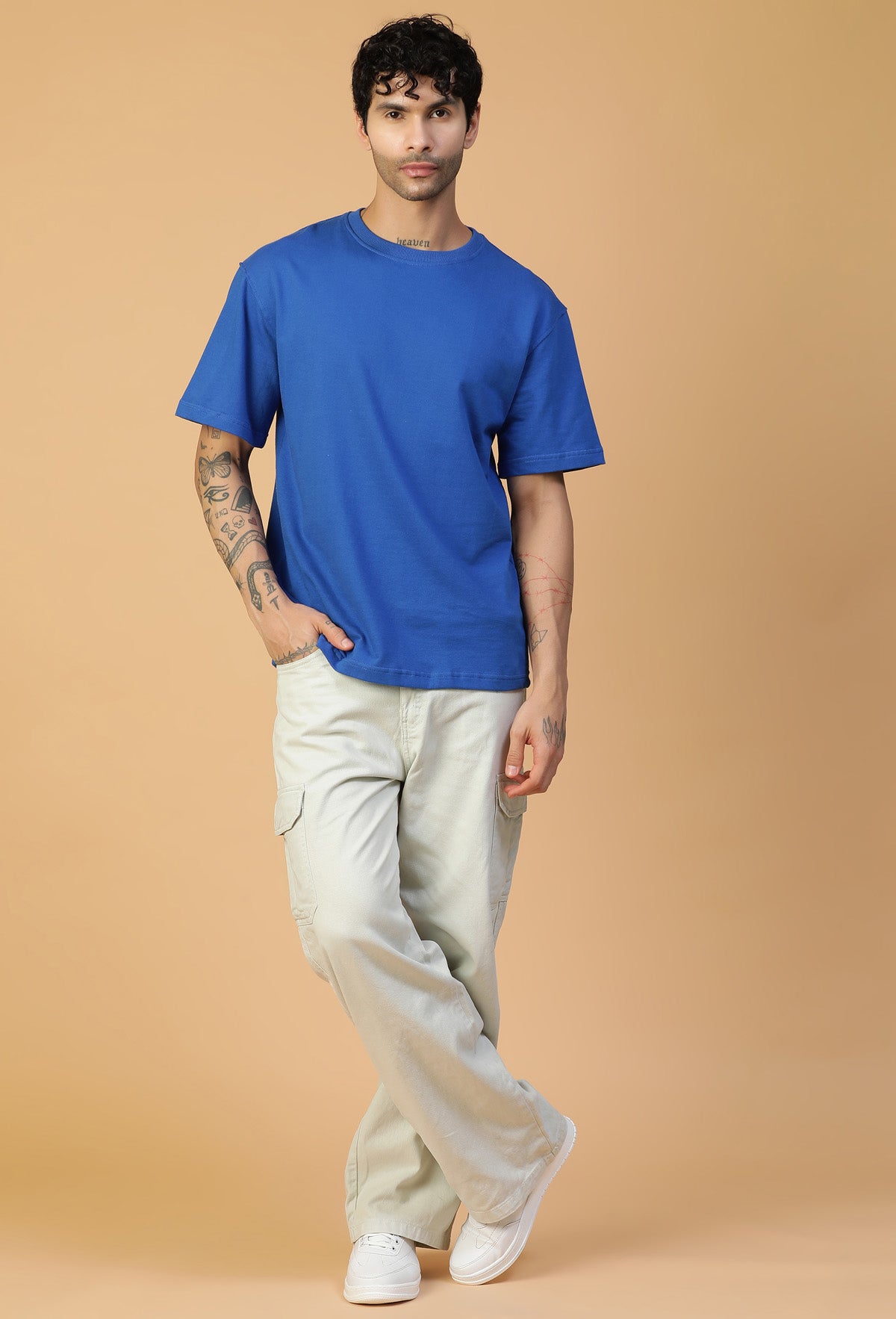 Solid Royal Blue Premium Cotton Drop-Shoulder Sleeves Oversized T-shirt