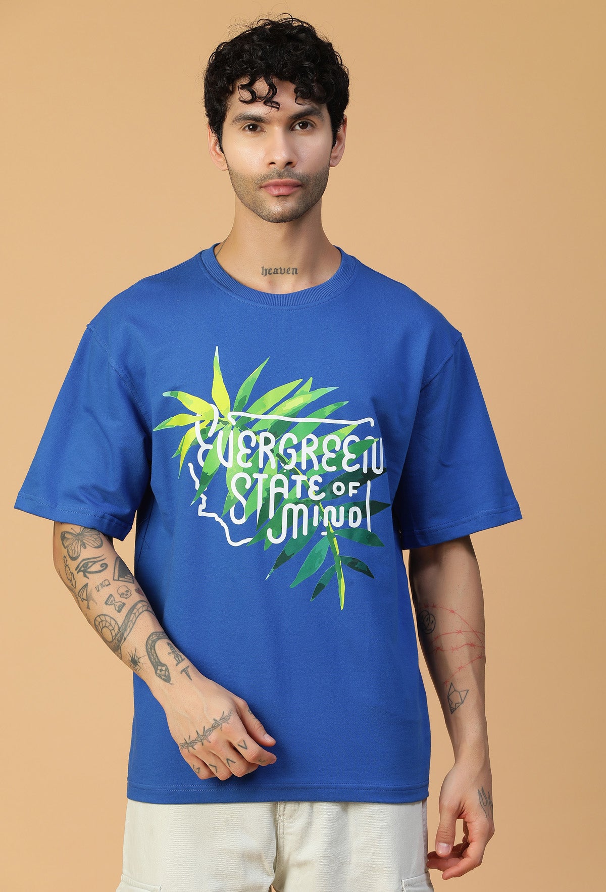 Premium Cotton Evergreen Printed Drop-Shoulder Sleeves Oversized Royal Blue T-shirt