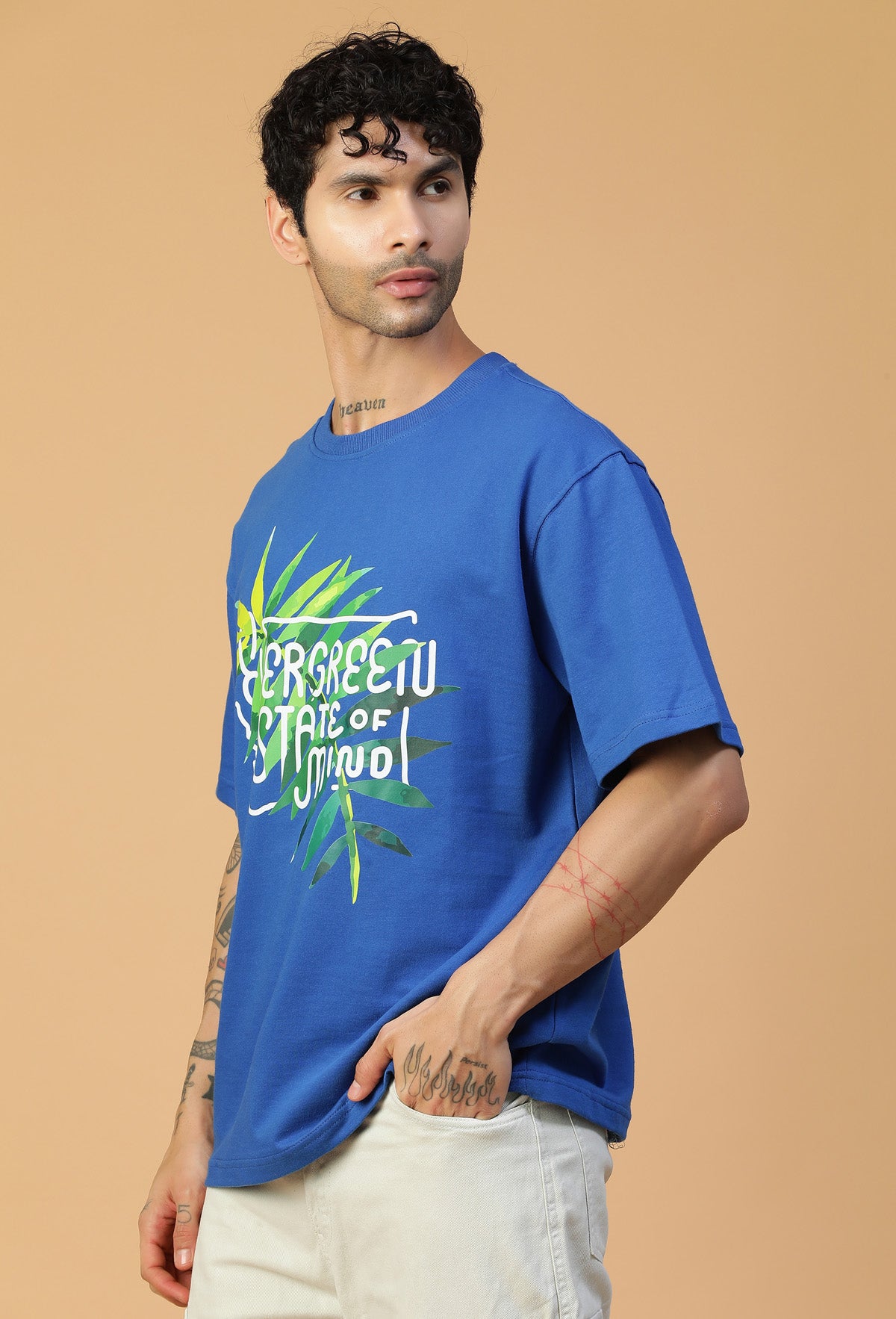 Premium Cotton Evergreen Printed Drop-Shoulder Sleeves Oversized Royal Blue T-shirt