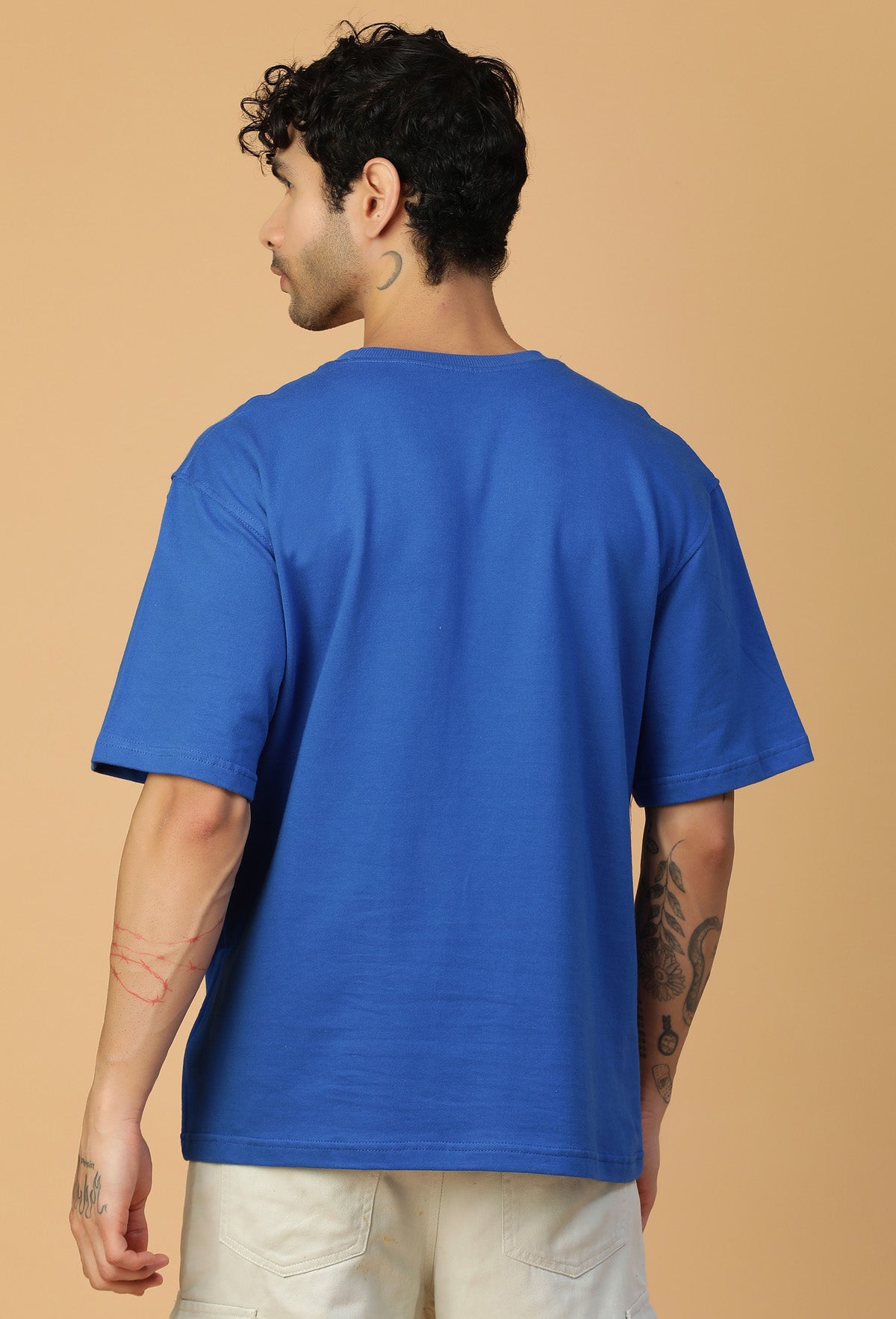 Premium Cotton Evergreen Printed Drop-Shoulder Sleeves Oversized Royal Blue T-shirt
