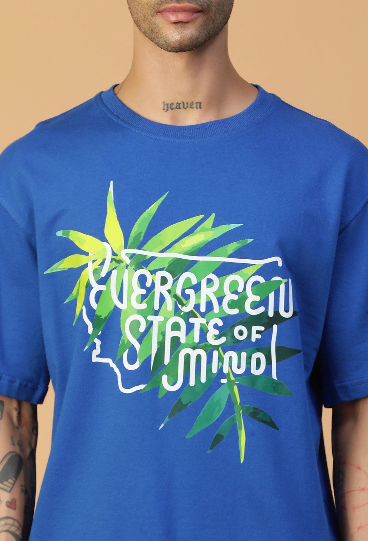 Premium Cotton Evergreen Printed Drop-Shoulder Sleeves Oversized Royal Blue T-shirt
