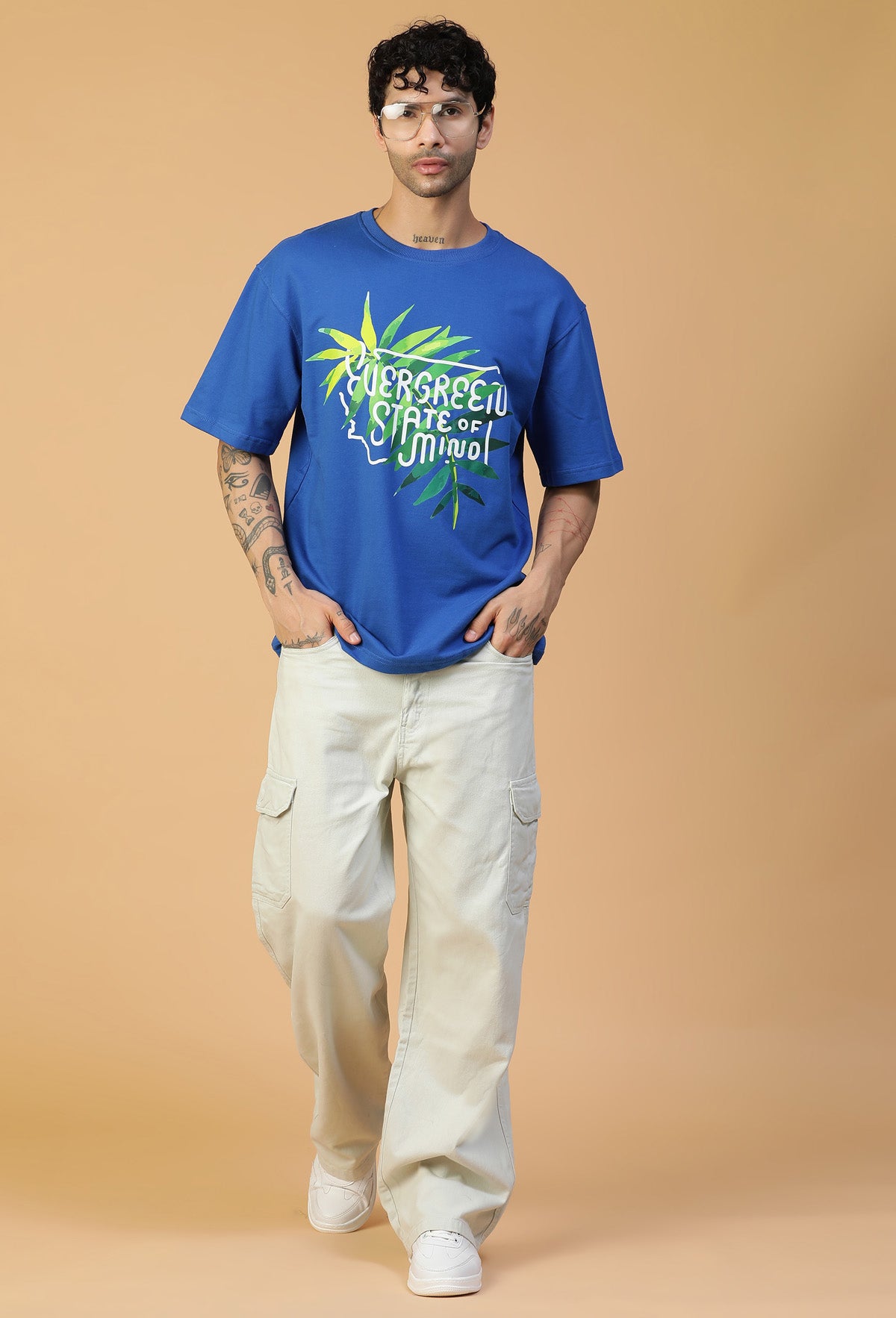 Premium Cotton Evergreen Printed Drop-Shoulder Sleeves Oversized Royal Blue T-shirt