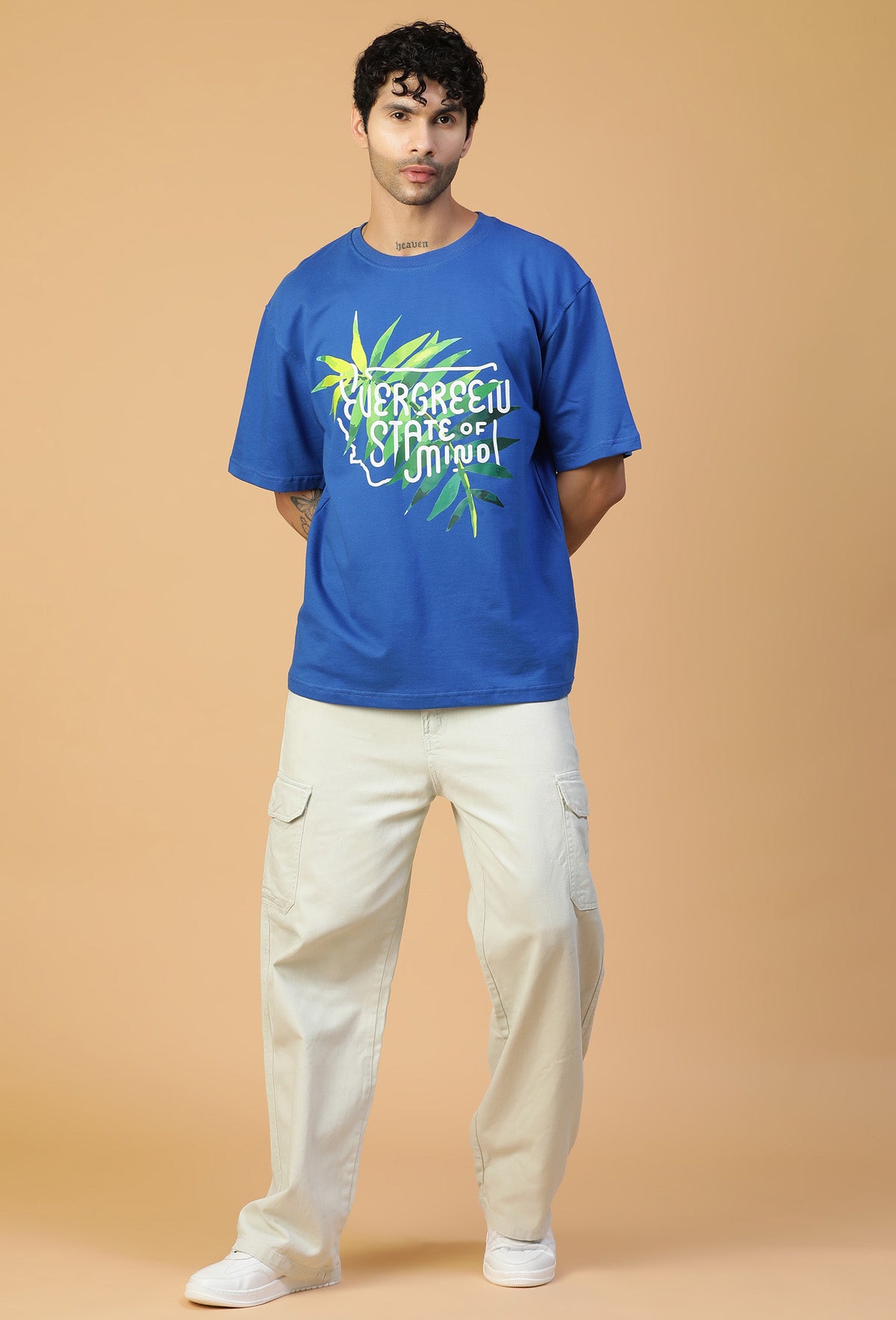 Premium Cotton Evergreen Printed Drop-Shoulder Sleeves Oversized Royal Blue T-shirt