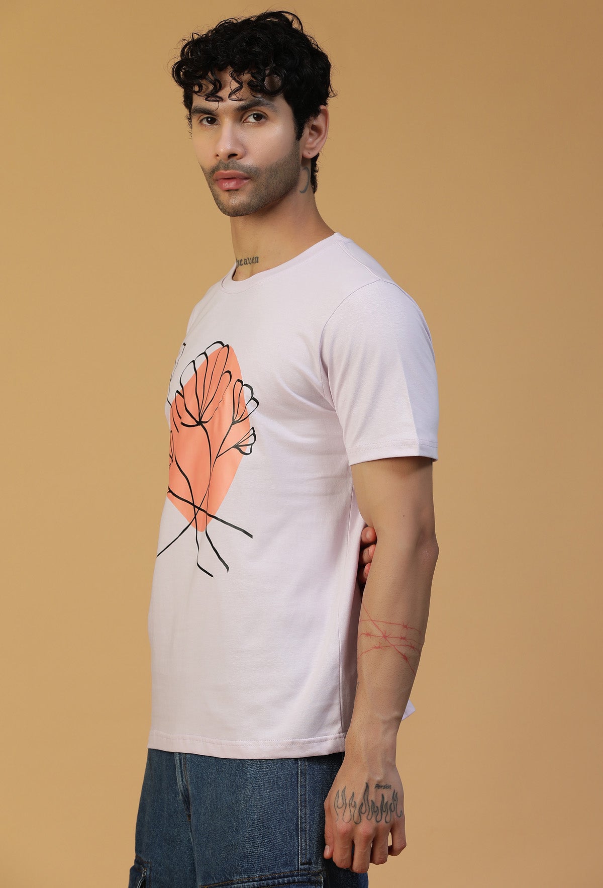 Regular Fit Minimal Floral Design Printed T-Shirt Lavender