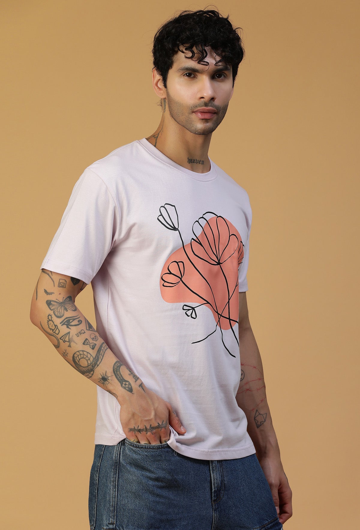 Regular Fit Minimal Floral Design Printed T-Shirt Lavender