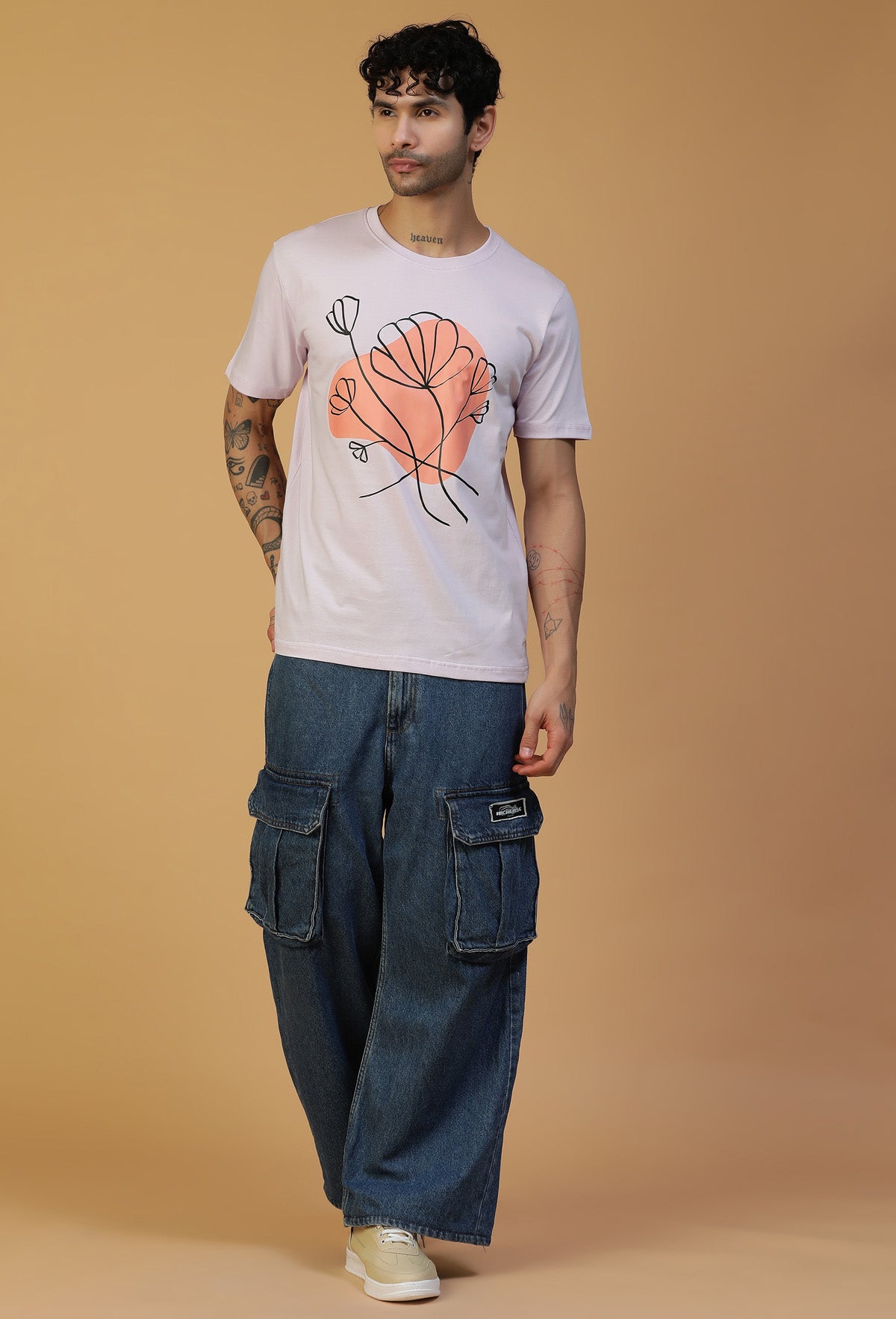 Regular Fit Minimal Floral Design Printed T-Shirt Lavender