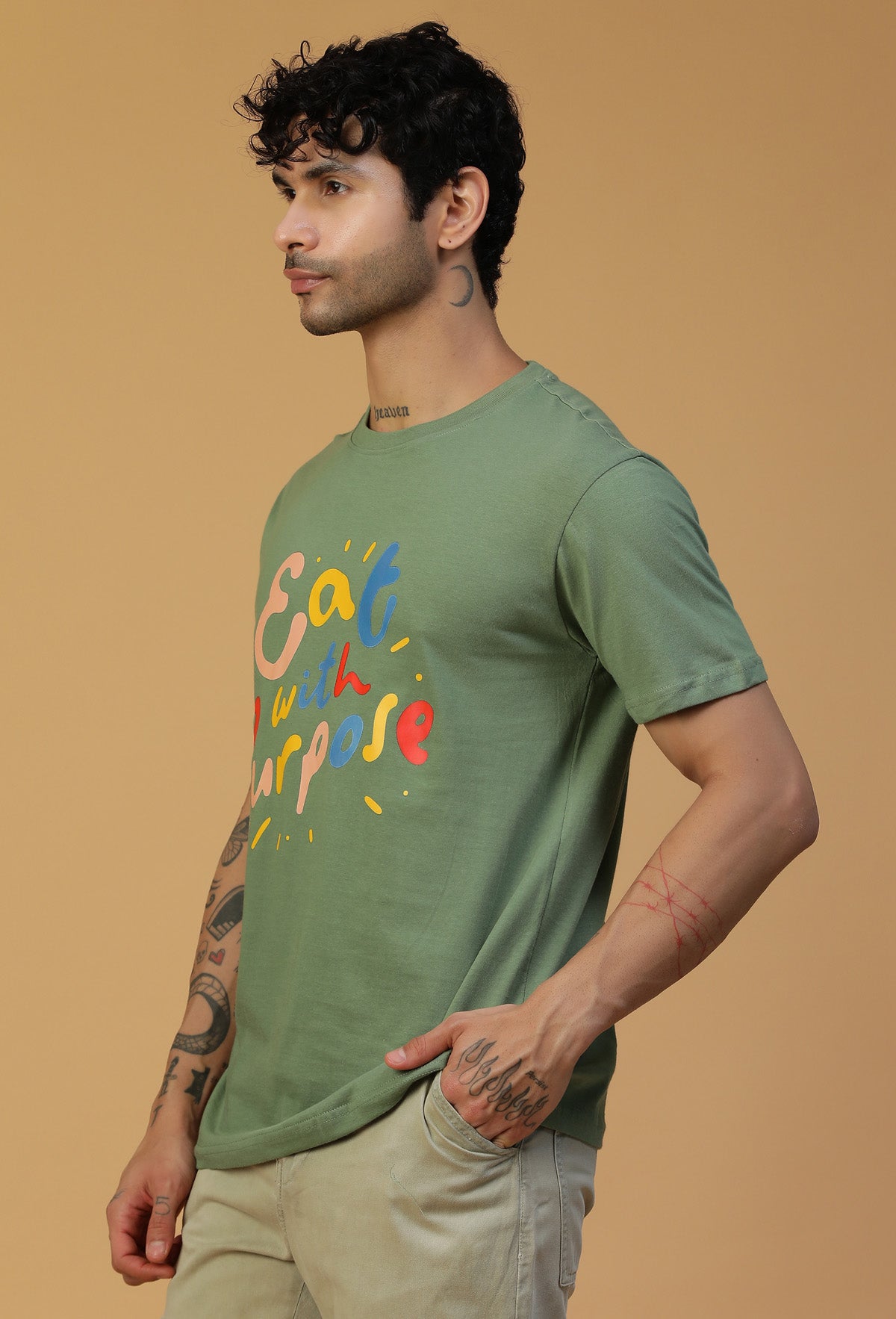 Text Design Printed Regular Fit Printed T-Shirt Olive