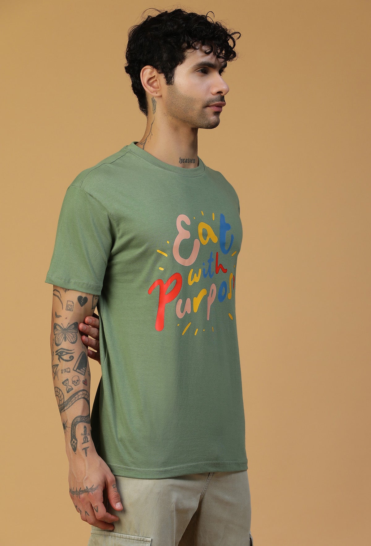 Text Design Printed Regular Fit Printed T-Shirt Olive
