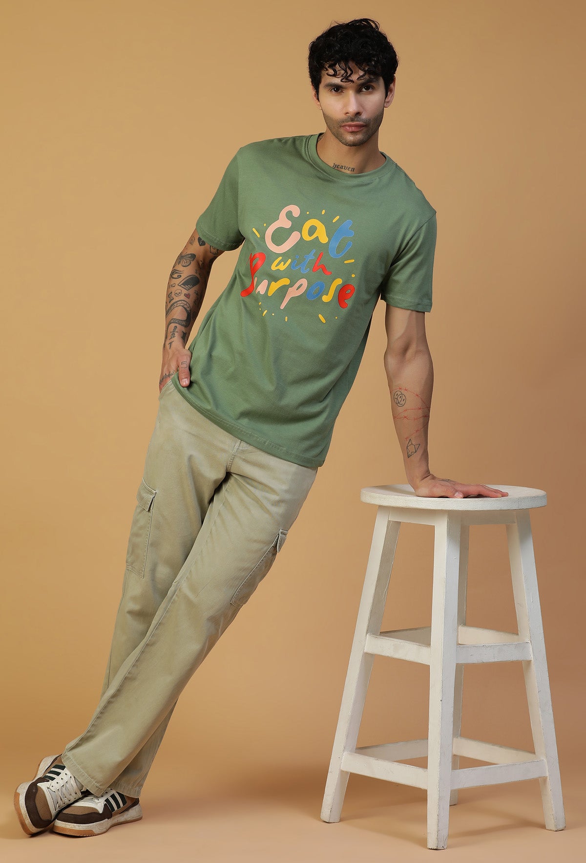 Text Design Printed Regular Fit Printed T-Shirt Olive