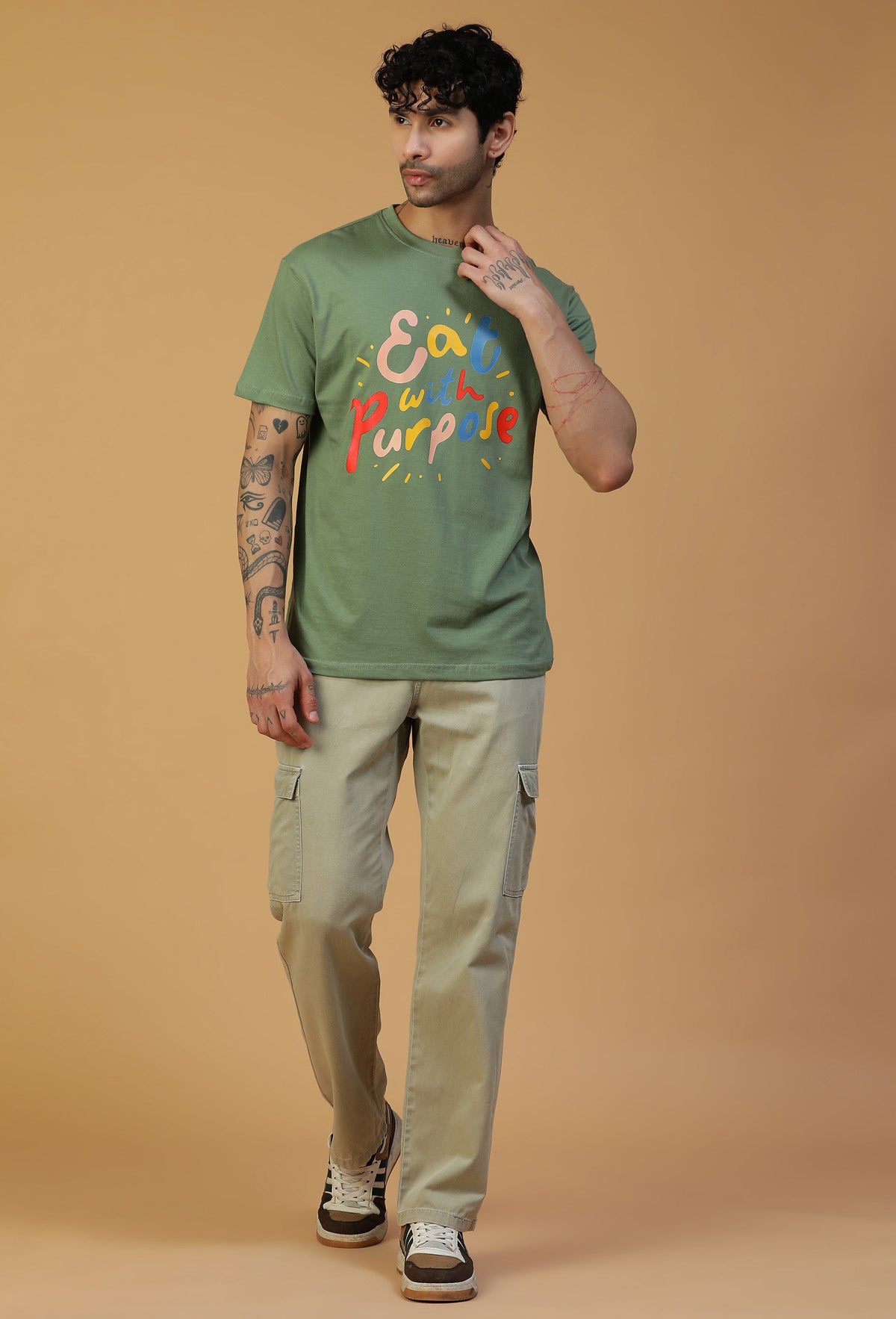 Text Design Printed Regular Fit Printed T-Shirt Olive