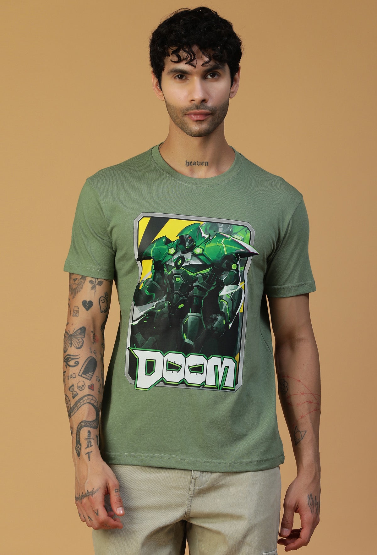 Doom Design Regular Fit Printed T-Shirt Olive