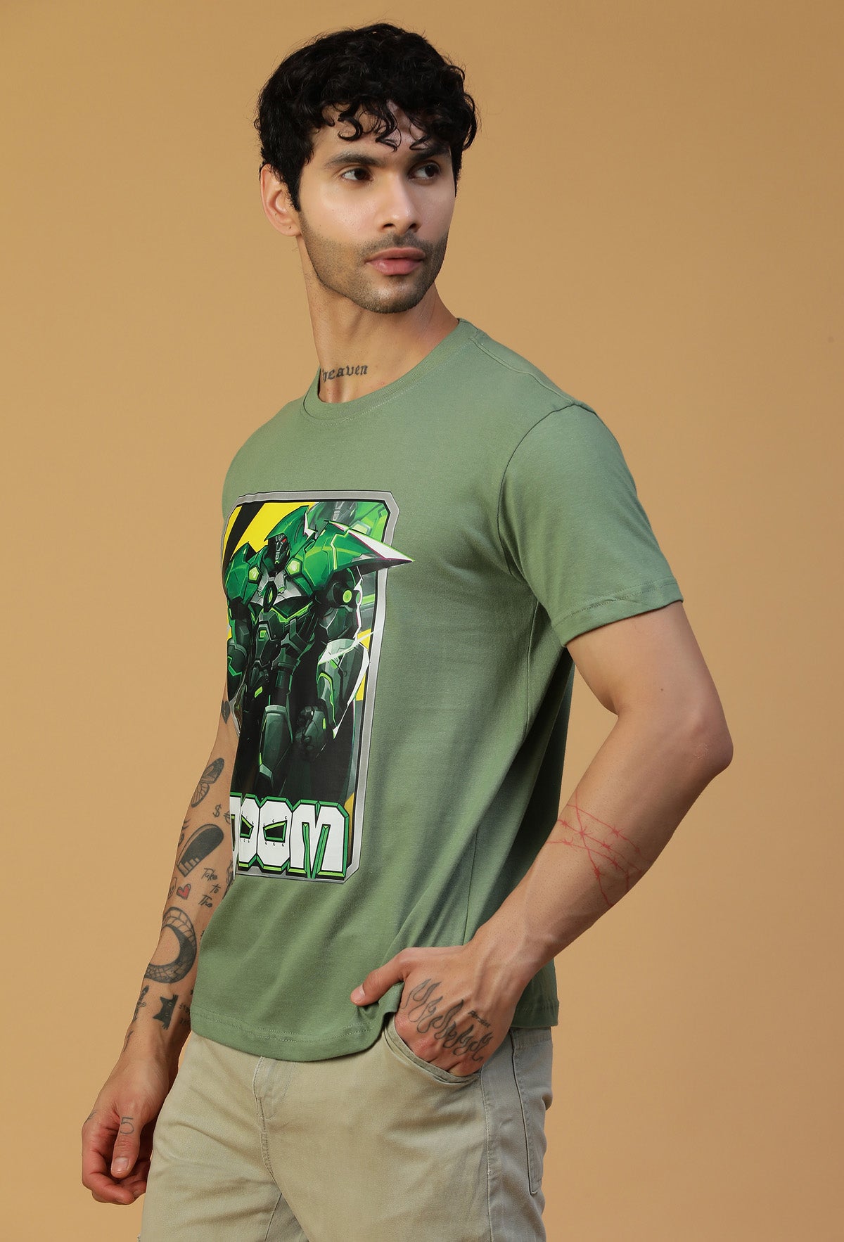 Doom Design Regular Fit Printed T-Shirt Olive