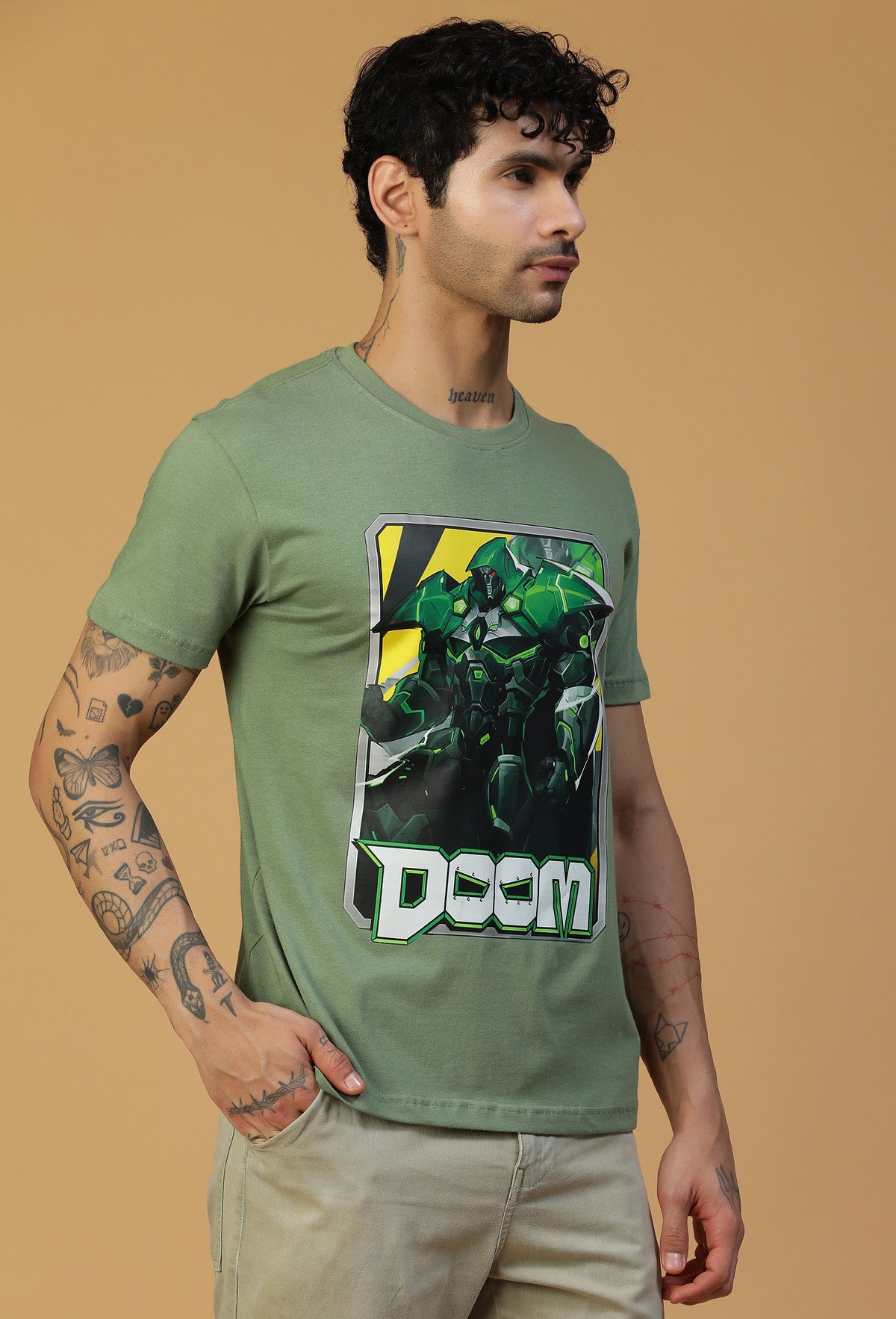 Doom Design Regular Fit Printed T-Shirt Olive
