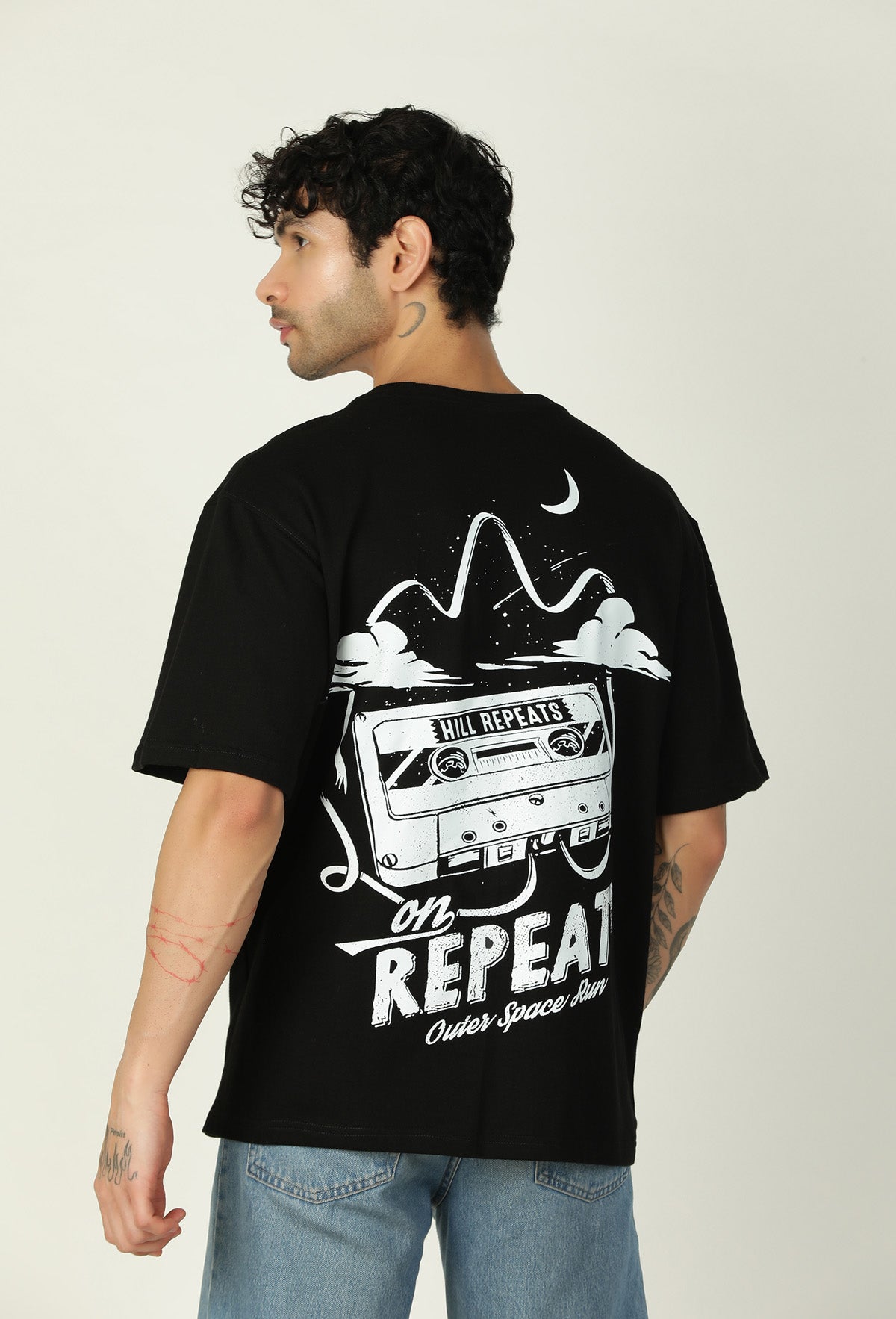 Space Track Printed Premium Pure Cotton Oversized Black T-shirt