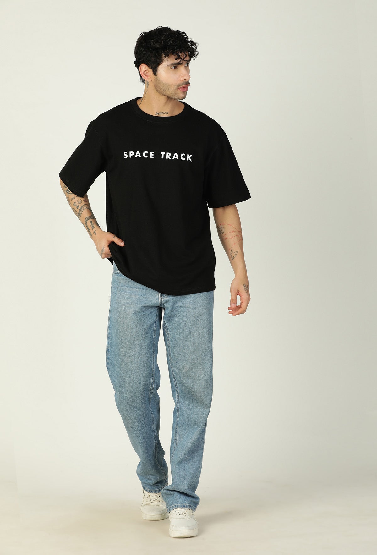 Space Track Printed Premium Pure Cotton Oversized Black T-shirt