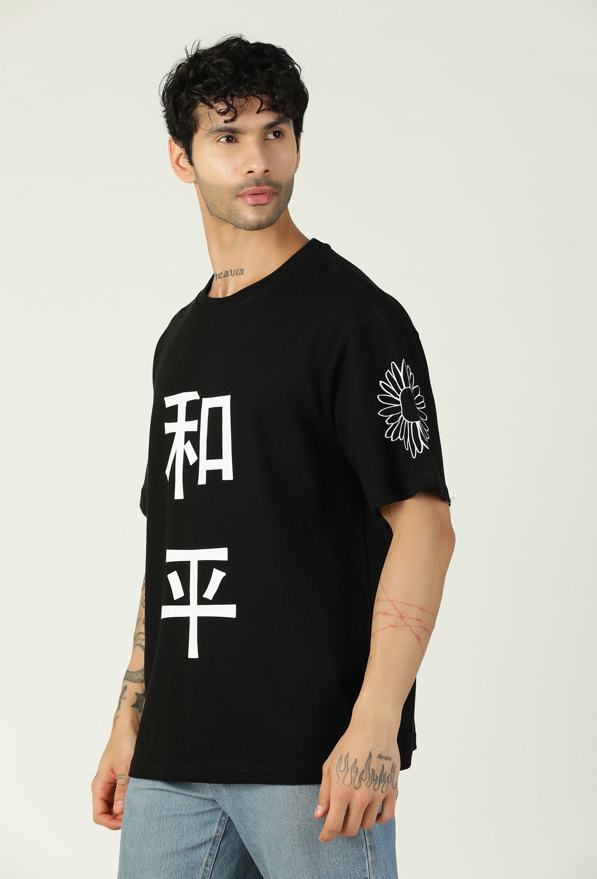 Floral Premium Pure Cotton Drop-Shoulder Sleeves Black Oversized T-shirt