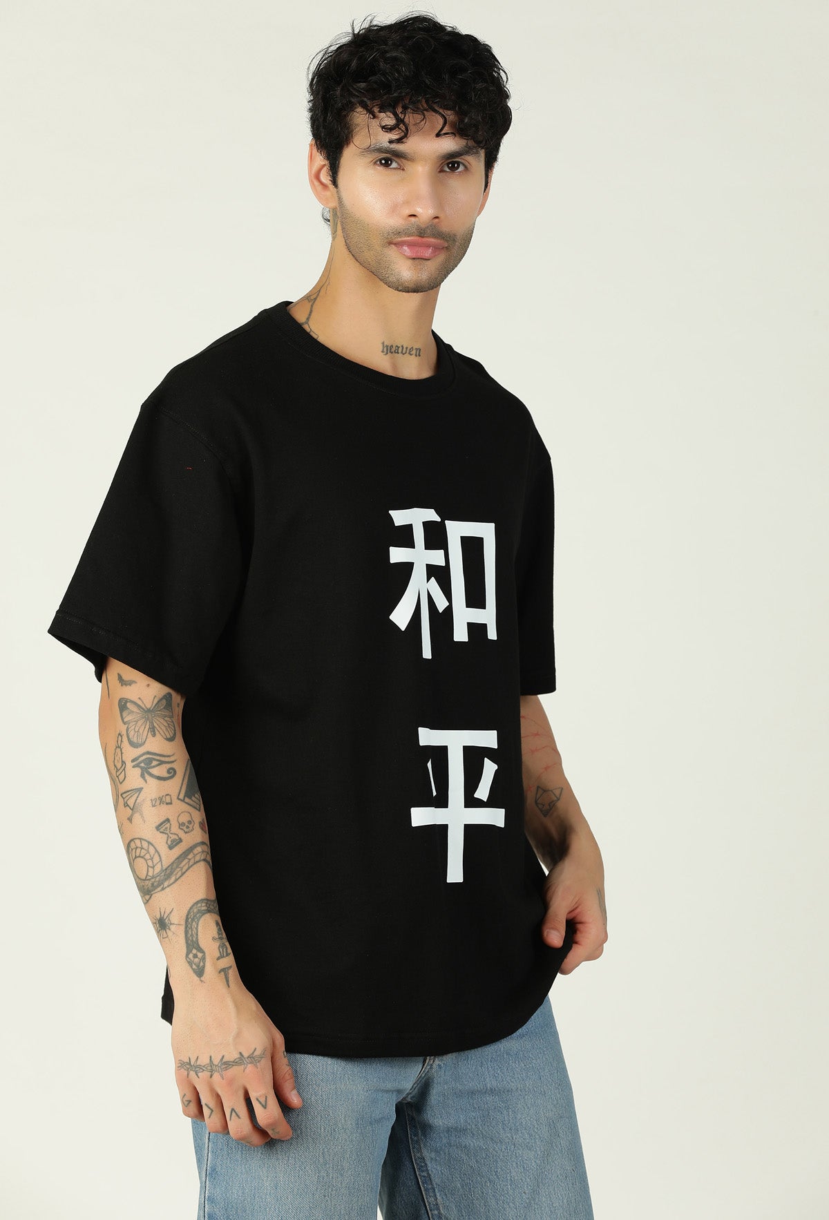 Floral Premium Pure Cotton Drop-Shoulder Sleeves Black Oversized T-shirt