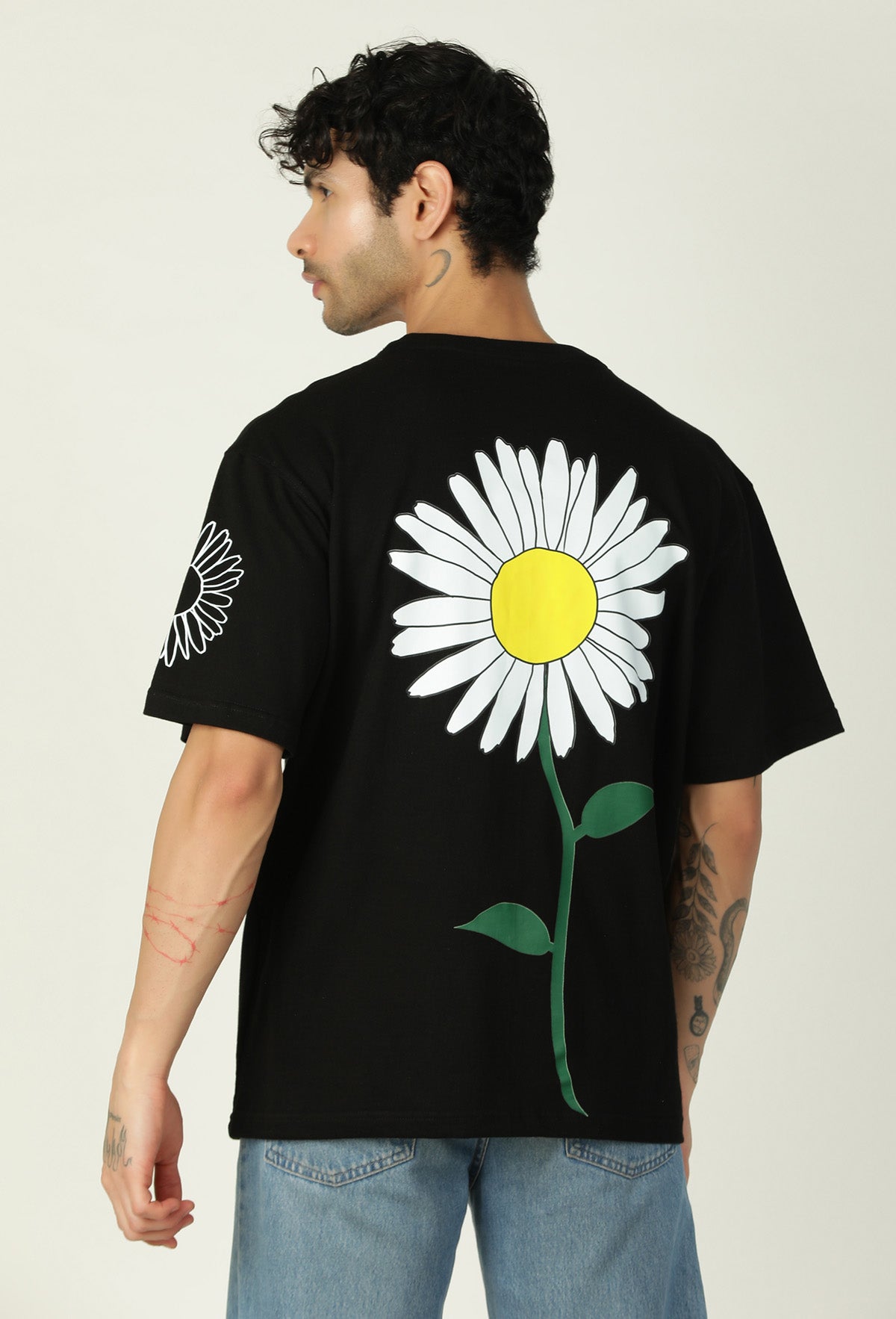Floral Premium Pure Cotton Drop-Shoulder Sleeves Black Oversized T-shirt