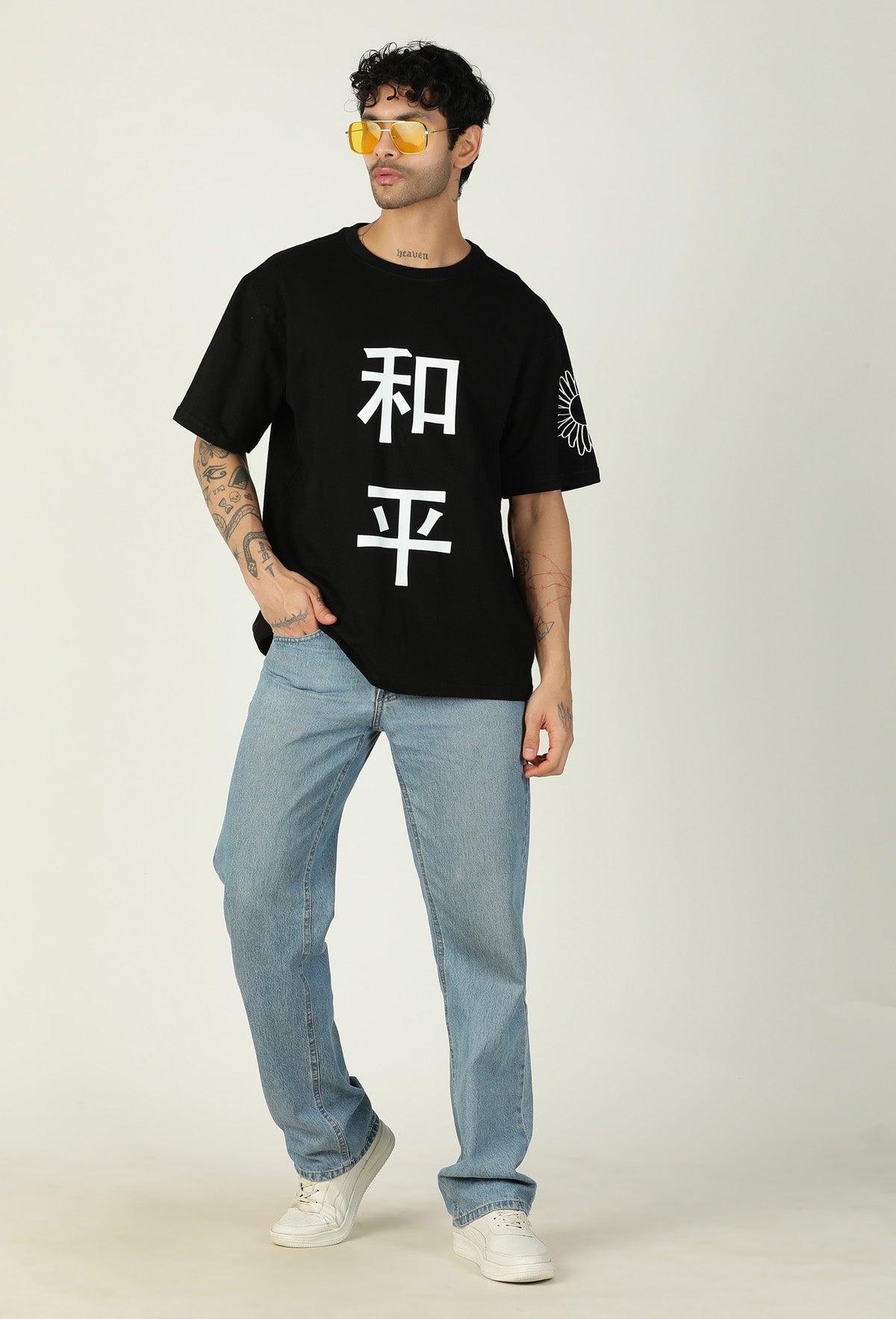 Floral Premium Pure Cotton Drop-Shoulder Sleeves Black Oversized T-shirt