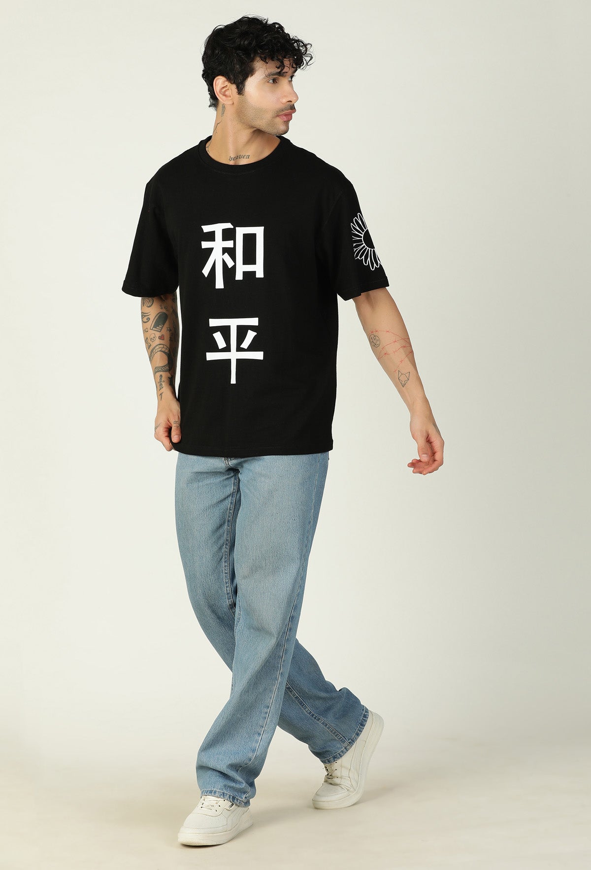 Floral Premium Pure Cotton Drop-Shoulder Sleeves Black Oversized T-shirt