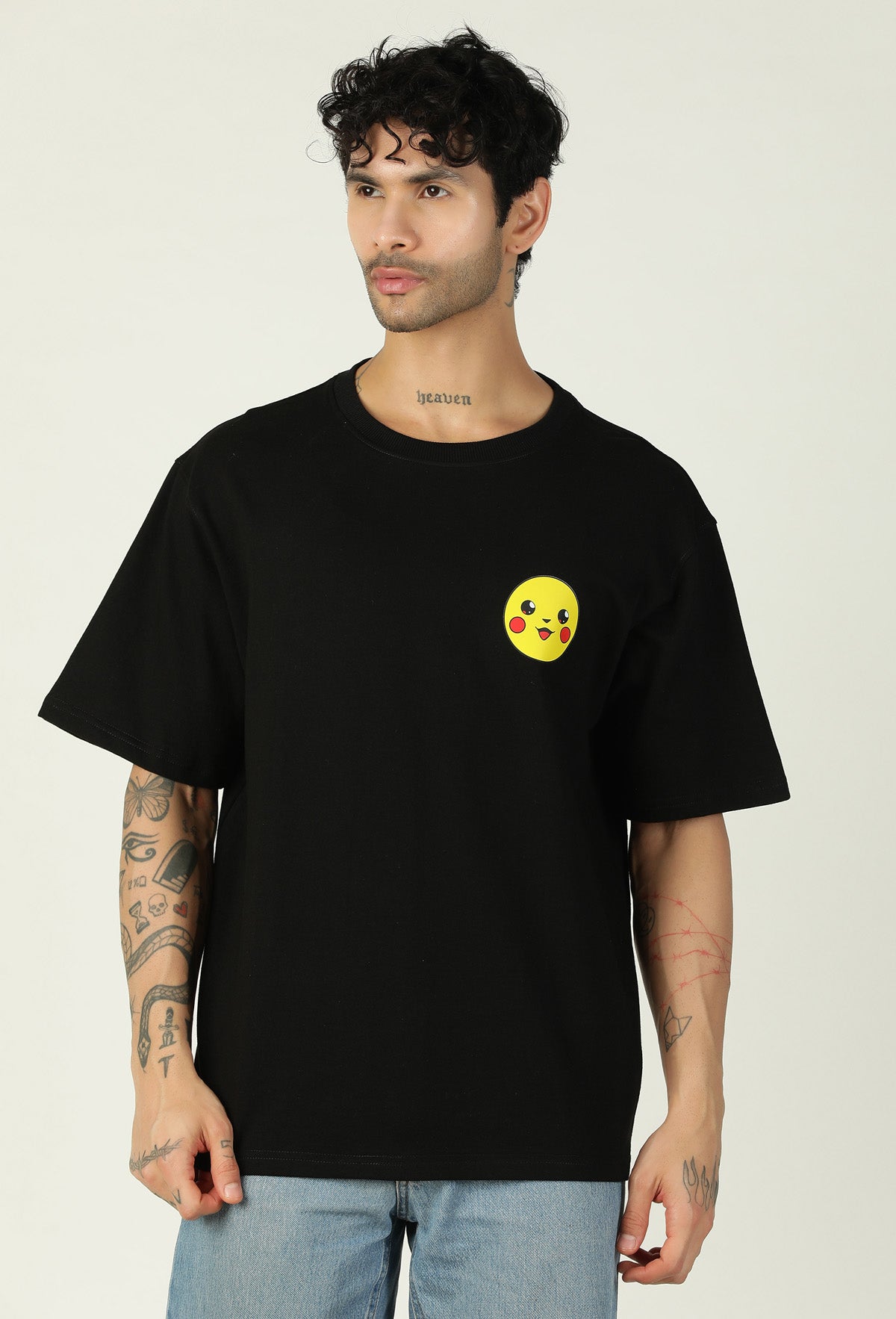 Printed Ultrasoft Pure Cotton Drop-Shoulder Sleeves Oversized Black T-shirt