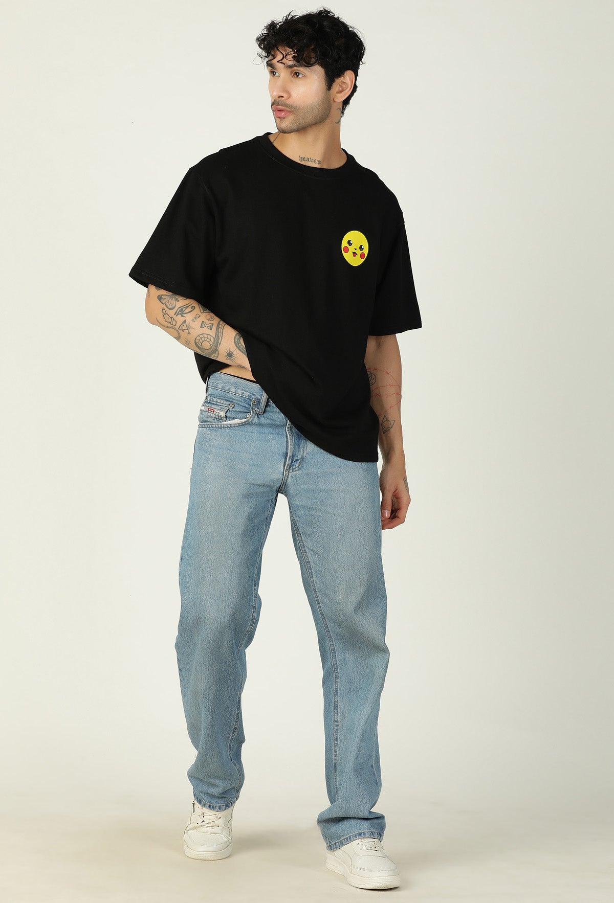 Printed Ultrasoft Pure Cotton Drop-Shoulder Sleeves Oversized Black T-shirt