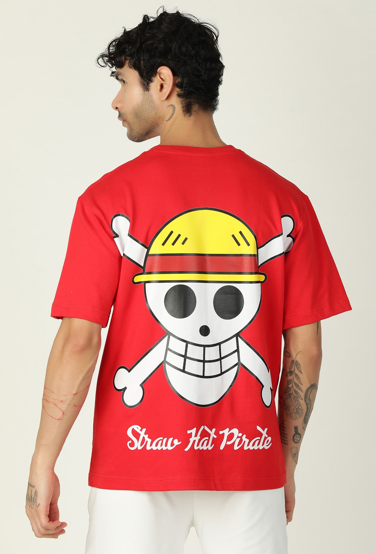 One Piece Unique Graphic Printed Red Pure Cotton Oversized T-shirt