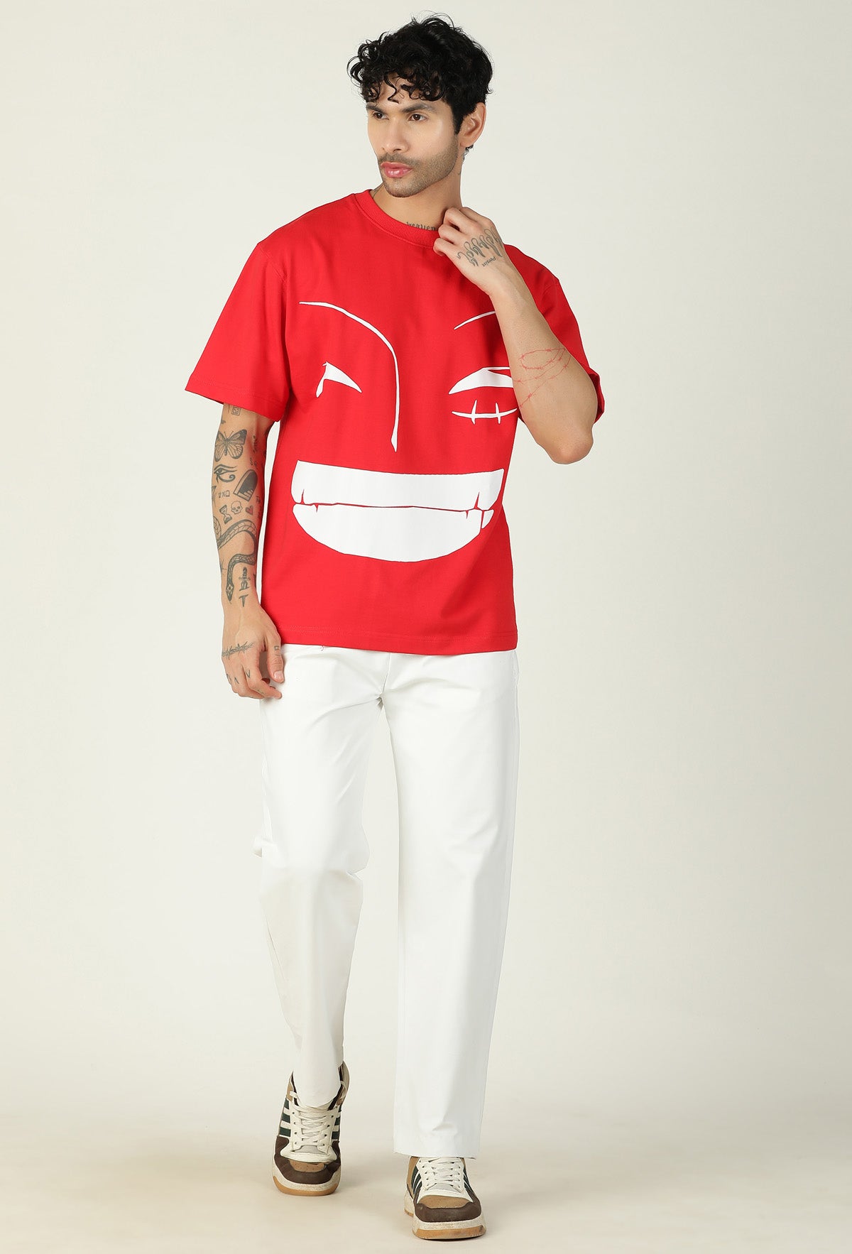 One Piece Unique Graphic Printed Red Pure Cotton Oversized T-shirt