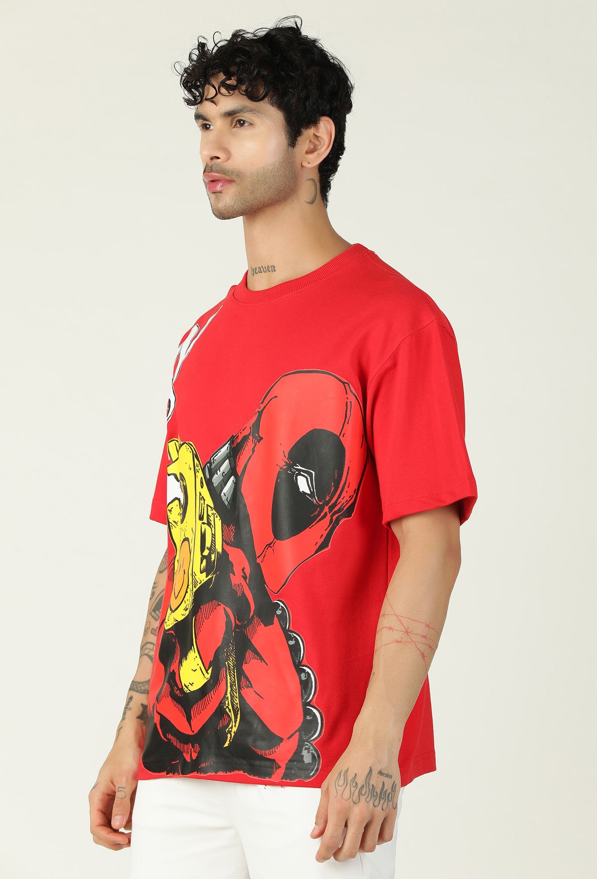 Deadpool Pure Cotton Printed Drop-Shoulder Sleeves Oversized T-shirt Red