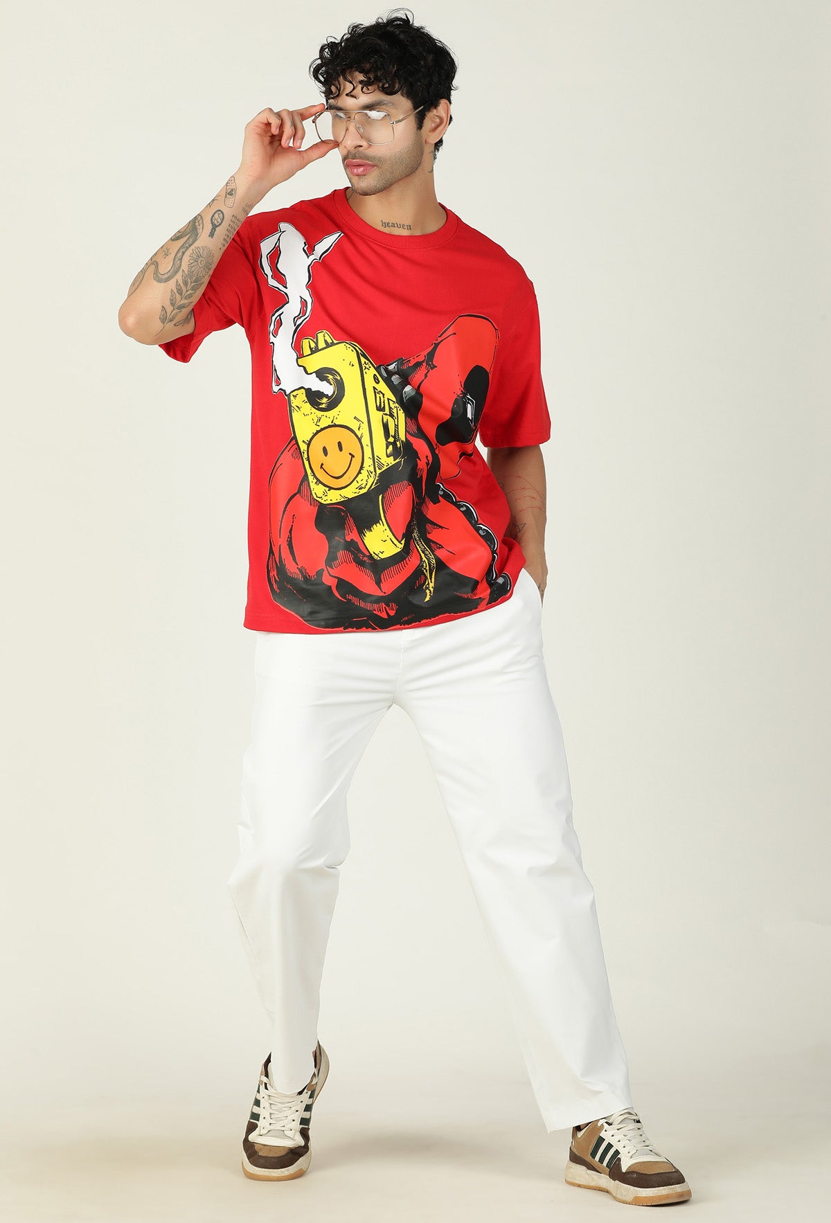 Deadpool Pure Cotton Printed Drop-Shoulder Sleeves Oversized T-shirt Red